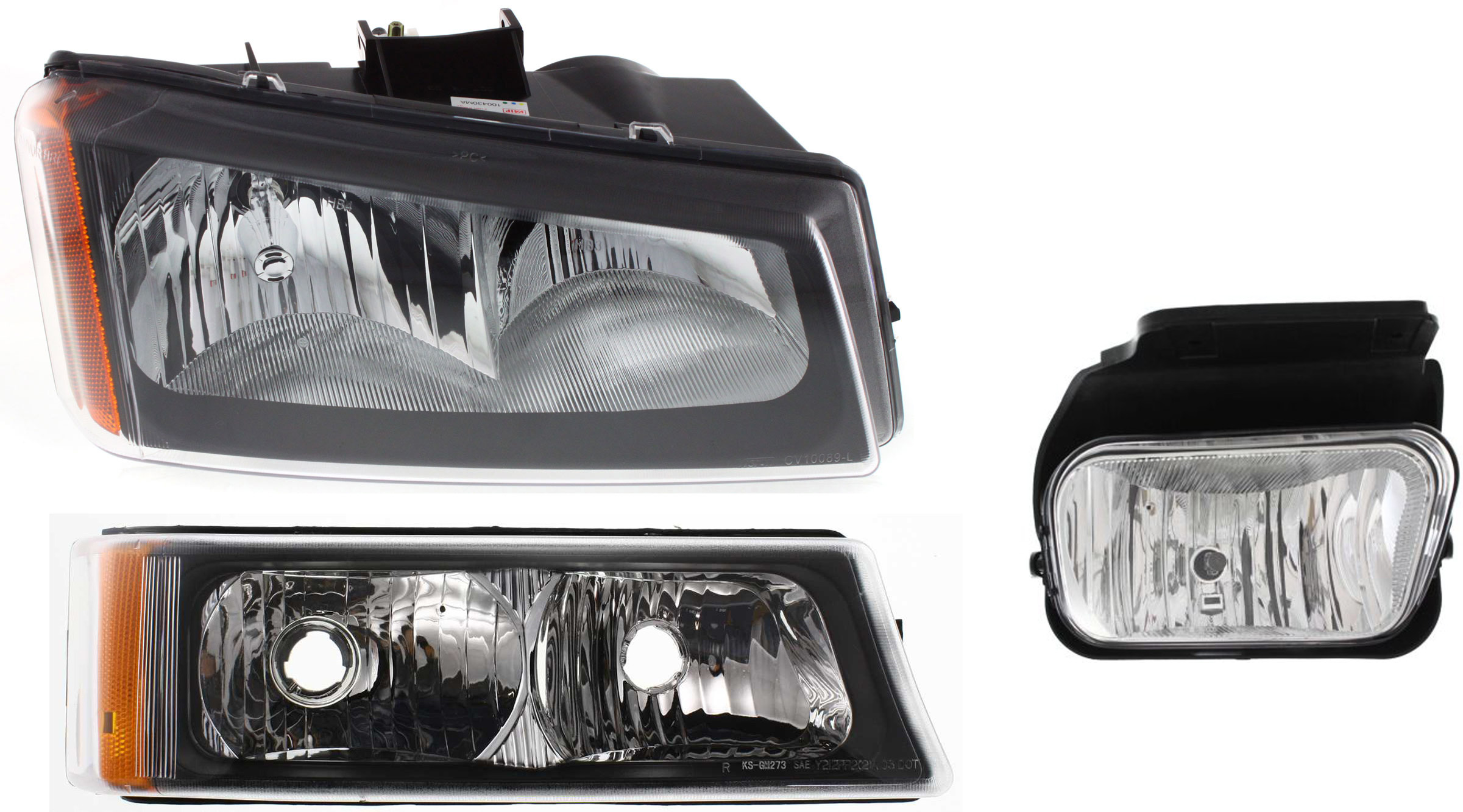 AM SILVERADO 04-07 HEAD LAMP RH Assembly Halogen 3 pc Kit with Fog Light and Turn Signal Light SKU KIT 061117-43 Partslink GM2503257 GM2593150 GM2521185 OEM 10396912-15791434-15199557