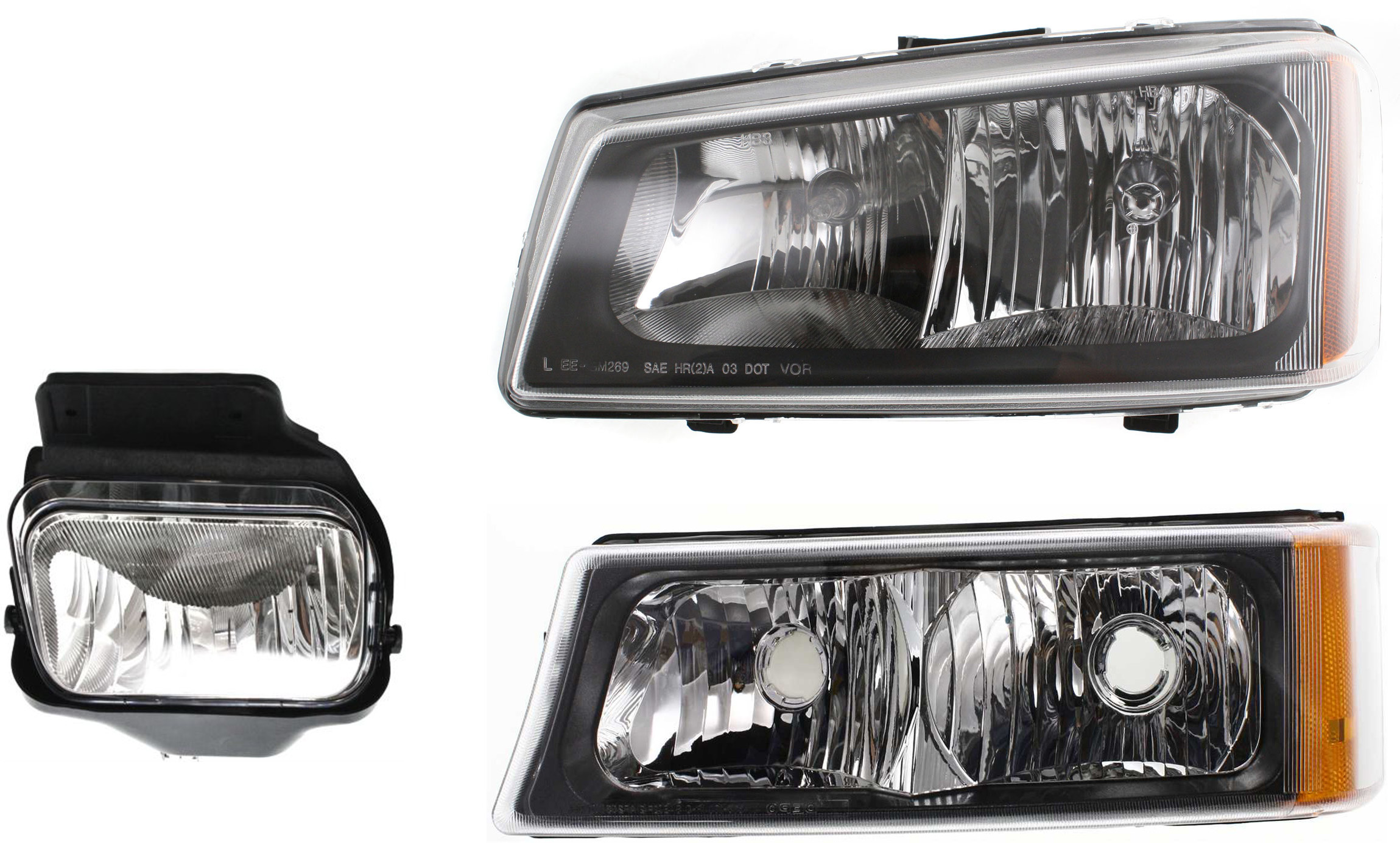 AM SILVERADO 04-07 HEAD LAMP LH Assembly Halogen 3 pc Kit with Fog Light and Turn Signal Light SKU KIT 061117-44 Partslink GM2502257 GM2592150 GM2520185 OEM 10396913-15791433-15199556