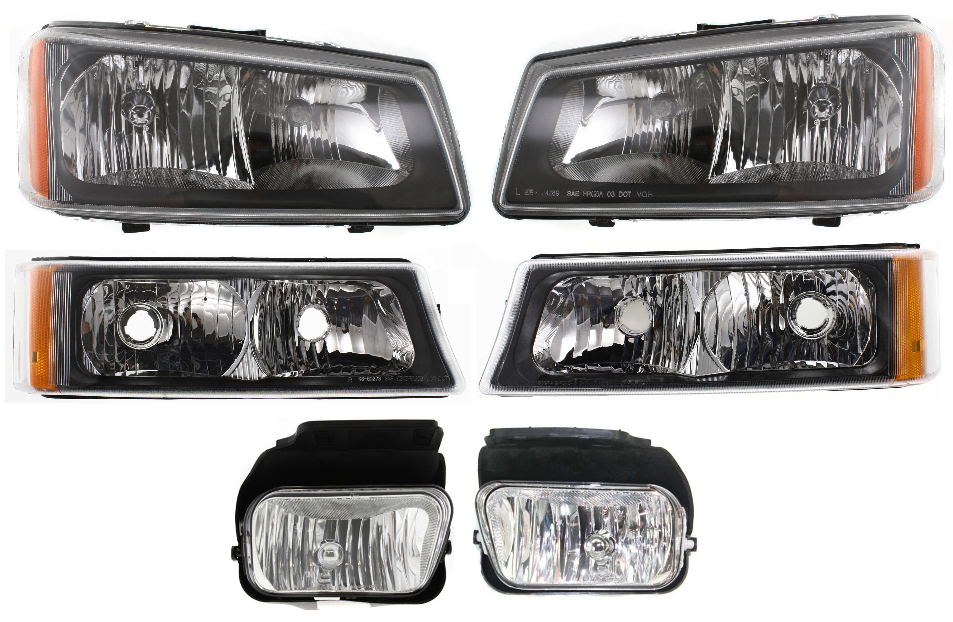 AM AVALANCHE 1500-2500-03-06 HEAD LAMP RH AND LH Assembly Halogen 6 pc Kit with Fog Lights and Turn Signal Lights SKU KIT 061117-45 Partslink GM2502257 GM2503257 GM2593127 GM2592127 GM2521185 GM2520185 OEM 10396913-10396912-15190983-151