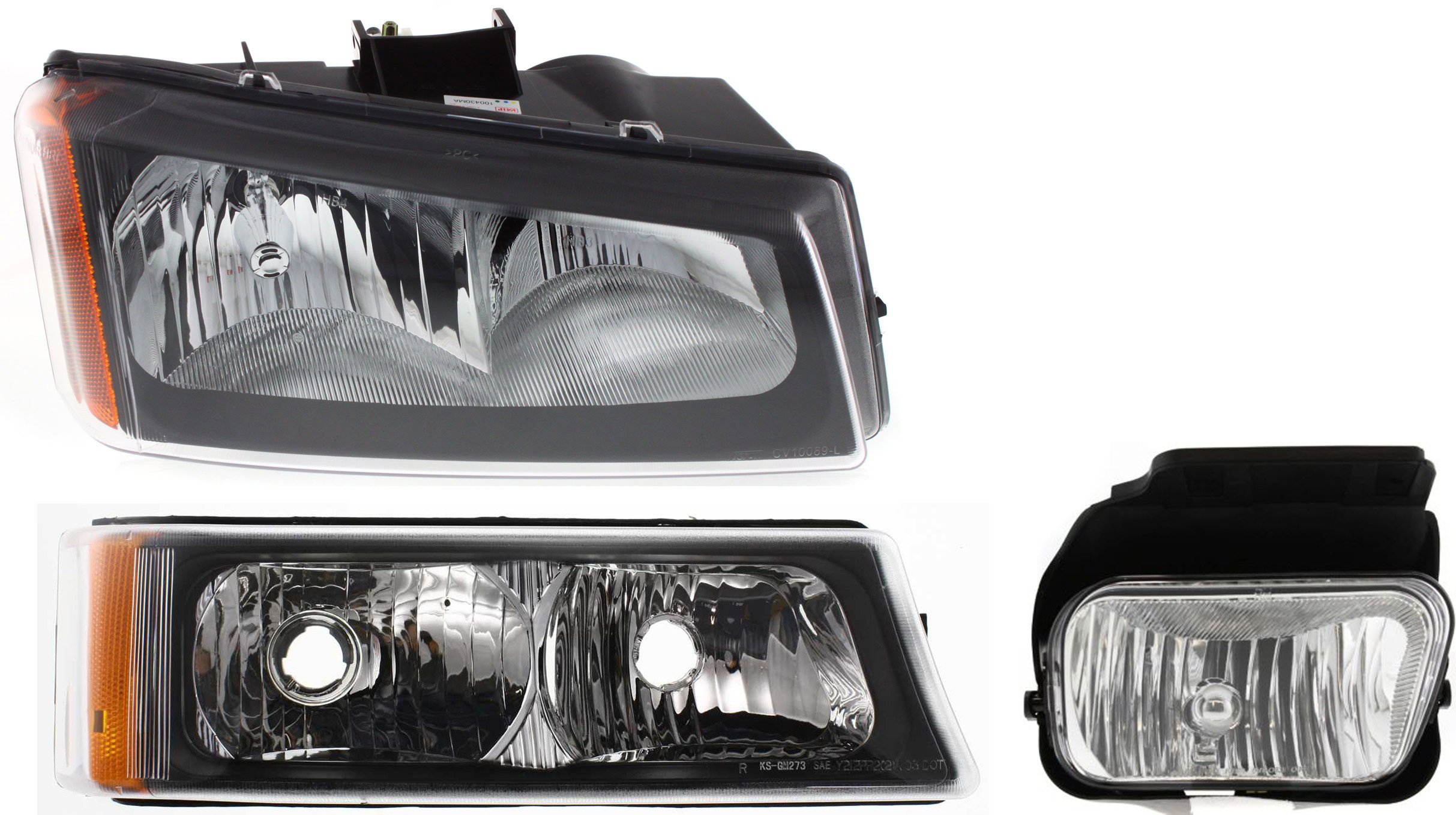 AM AVALANCHE 1500-2500-03-06 HEAD LAMP RH Assembly Halogen 3 pc Kit with Fog Light and Turn Signal Light SKU KIT 061117-46 Partslink GM2503257 GM2593127 GM2521185 OEM 10396912-15190983-15199557