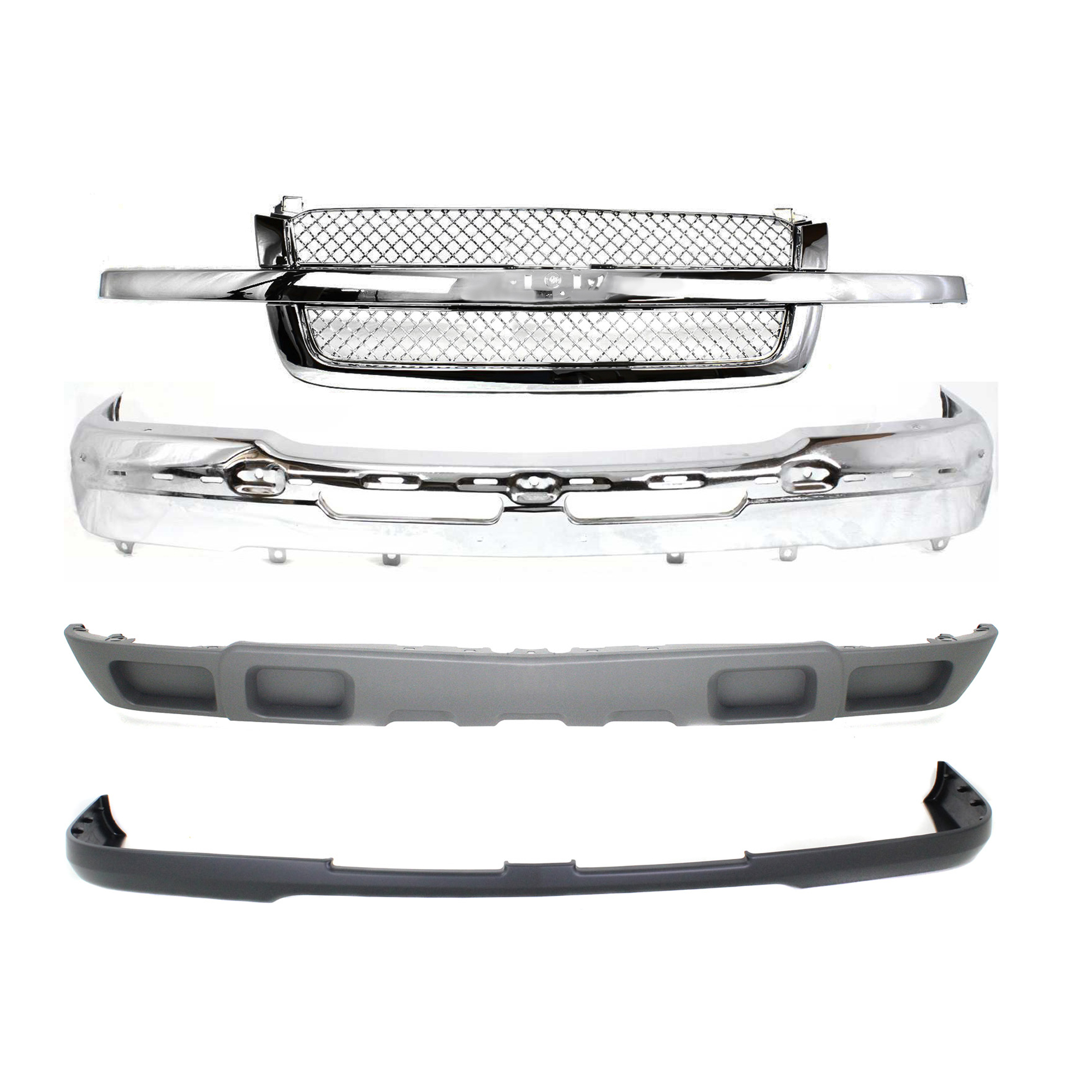 AM SILVERADO 03-07 FRONT BUMPER 4 pc kit with Bumper Cover Grille and Valance Base LS LT Models SKU KIT 061117-50 Partslink GM1002822 GM1002842 GM1051112 GM1200514 GM1092206 OEM 19150310 PFM 89025820-88968933