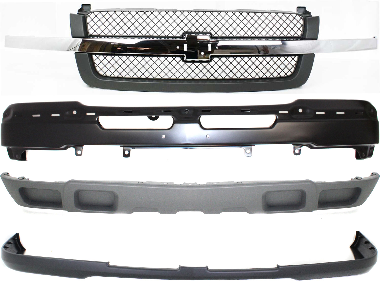 AM SILVERADO 1500-2500-03-06 FRONT BUMPER 4 pc kit Paint to Match w Bumper Cover Grille and Valance Base LS LT Models Includes 2007 Silverado 1500 Classic SKU KIT 061117-55 Partslink GM1002417 GM1051112 GM1200474 GM1092206 OEM 89025748-89025820-88968933-103