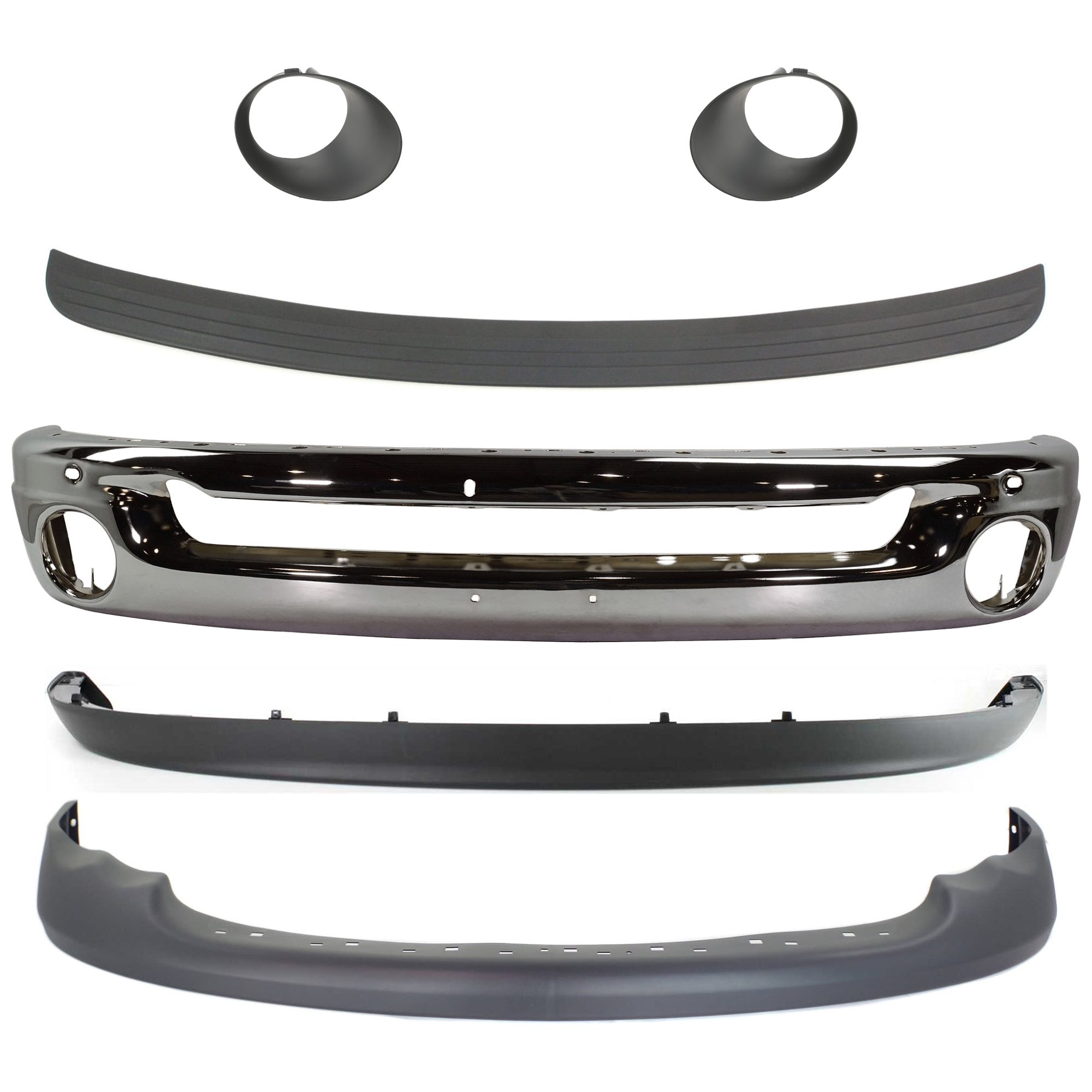 AM RAM 1500-02-02 FRONT BUMPER 6 pc kit Face Bar Steel Chrome with Bumper Trim Fog Light Trim and Valance SKU KIT 061124 C05 Partslink CH1002383 CH1019101 CH2598101 CH2599101 CH1000411 CH1090125 OEM 55077946AB 55077342AB 55077239