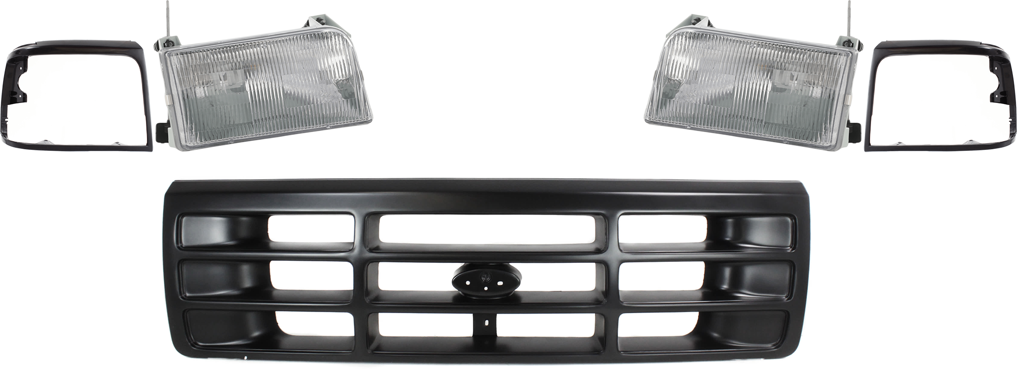AM F SERIES 92-97 GRILLE ASSEMBLY 5 pc Kit Painted Black Shell and Insert with Headlight and Headlight Door SKU KIT 061124 C06 Partslink FO1200172 FO2503114 FO2502118 FO2512131 FO2513135 OEM F6TZ8200AAA F2TZ13008A F2TZ130