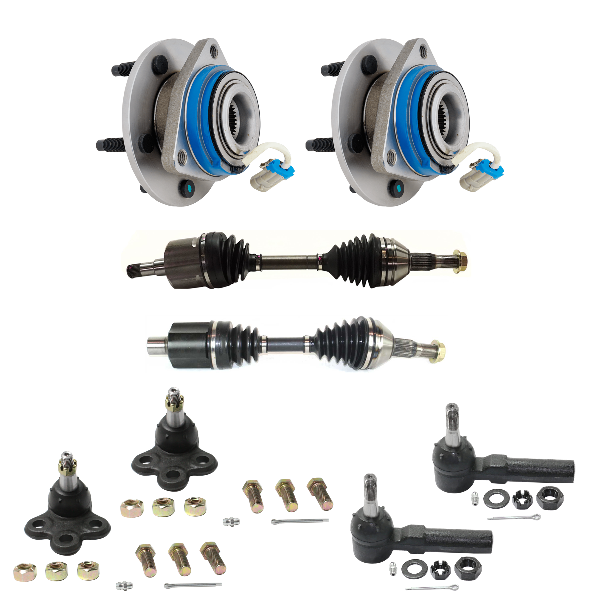 AM REGAL INTRIGUE 98-01 FRONT CV AXLE ASSEMBLY RH AND LH 8 pc kit with Ball Joint Tie Rod End and Wheel Hub SKU KIT 061124 C09 OEM 104257-282021-2601506-2601545
