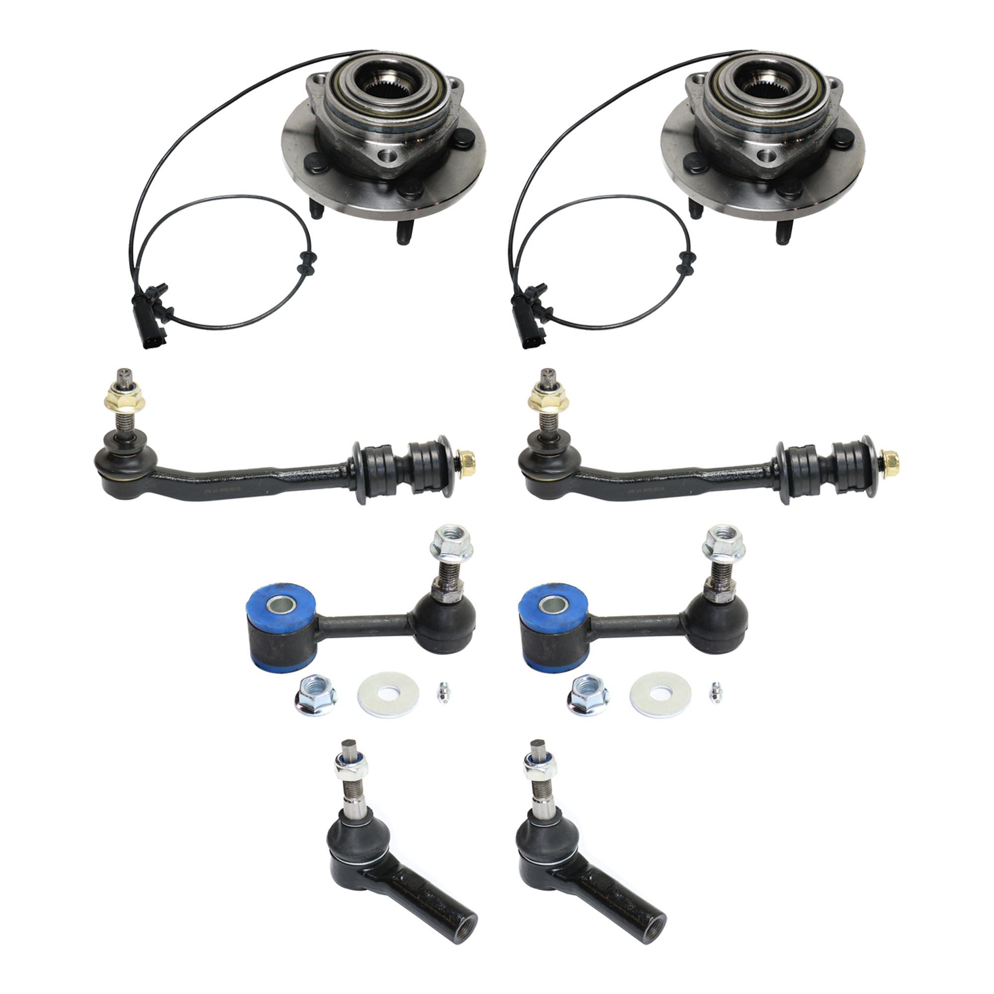 AM DURANGO 06-06 FRONT HUB ASSEMBLY RH AND LH 8 pc kit 5 Studs 5 x 139.68 mm Bolt Pattern 3 Bolt Modified Triangular with Sway Bar Link and Tie Rod End SKU KIT 061124 C110 OEM 713271-7200017-40267021-521044