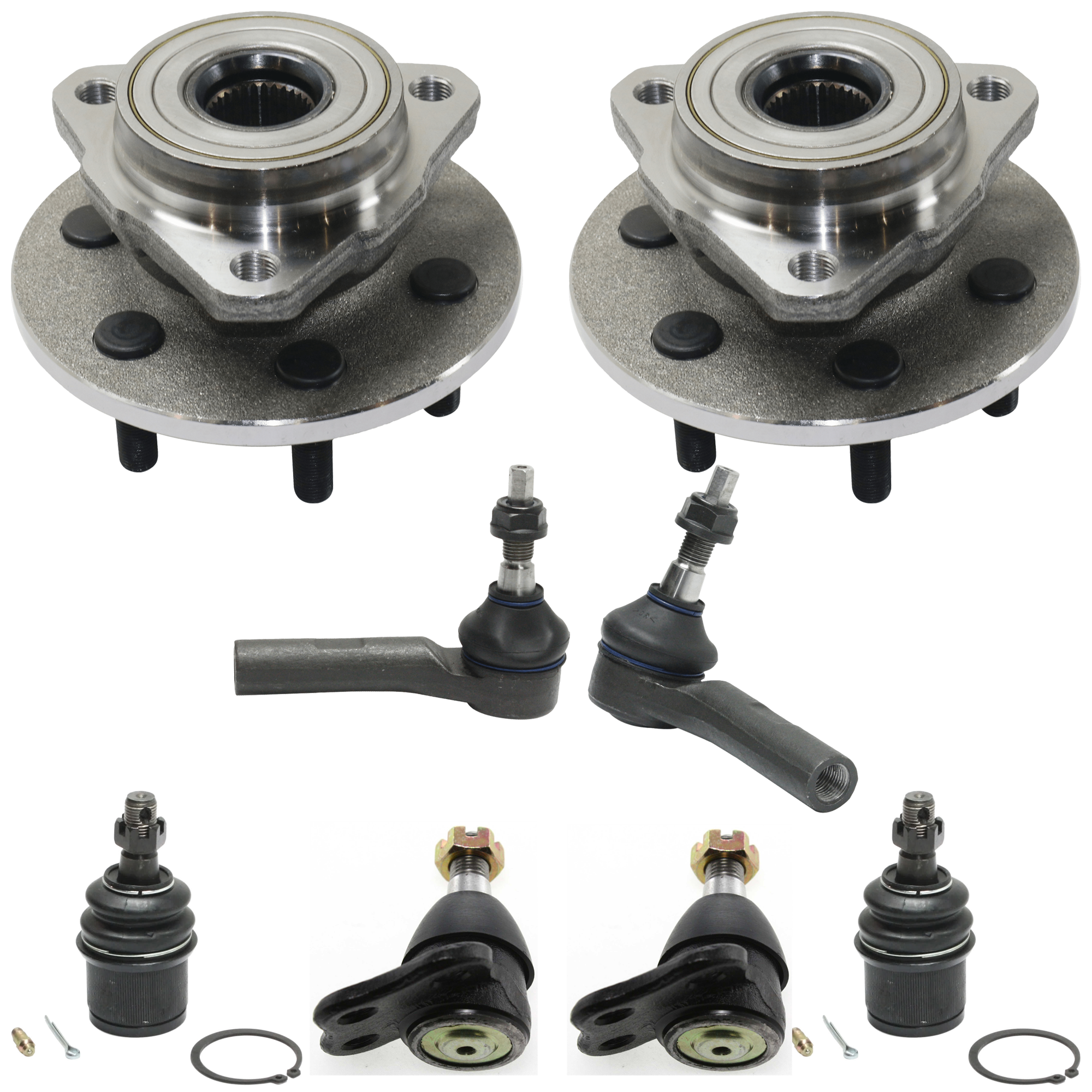 AM DAKOTA 00-04 DURANGO 00-03 FRONT WHEEL HUB RH AND LH 8 pc kit 6 Studs 6 x 114.3 mm Bolt Pattern 3 Bolt Modified Triangular with Ball Joint and Tie Rod End SKU KIT 061124 C141 OEM 52069361AC 104293-2601535-5051