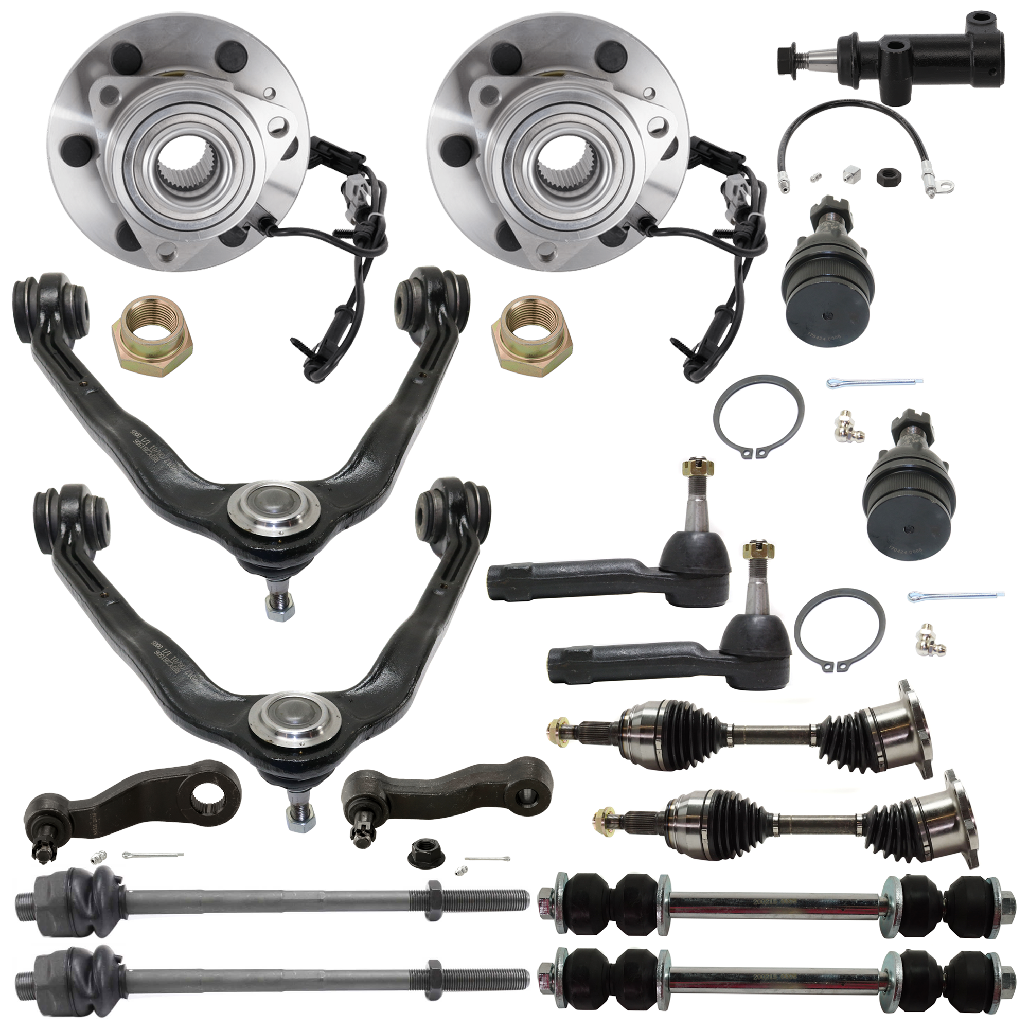 AM SIERRA SILVERADO 1500-99-06 TAHOE 00-06 FRONT CV AXLE ASSEMBLY RH AND LH 17 pc kit with Ball Joint Control Arm Idler Arm Idler Arm Bracket Pitman Arm Sway Bar Link Tie Rod End and Wheel Hub SKU KIT 061124 C26 OEM 104327-2601528-5051272-1247