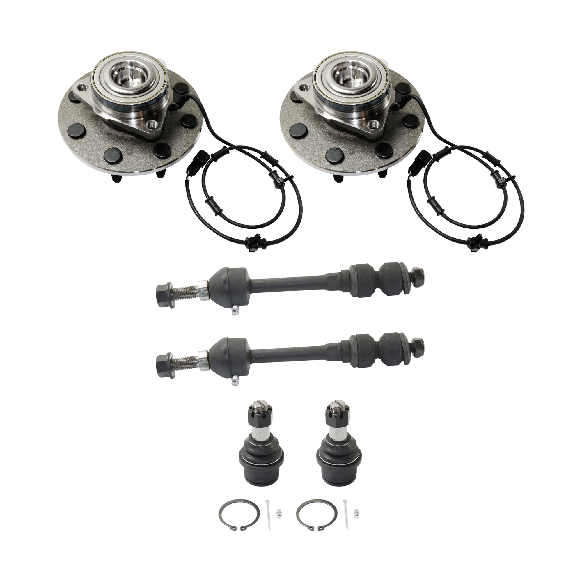 AM RAM 2500 RAM 3500 PICKUP 03-05 FRONT HUB ASSEMBLY RH AND LH 6 pc kit 8 Studs 8 x 165.1 mm PCD Bolt Pattern 3 Bolt Triangular Flange with Ball Joint and Sway Bar Link SKU KIT 061124 C275 OEM 52010206AB 05086980AD 05170824