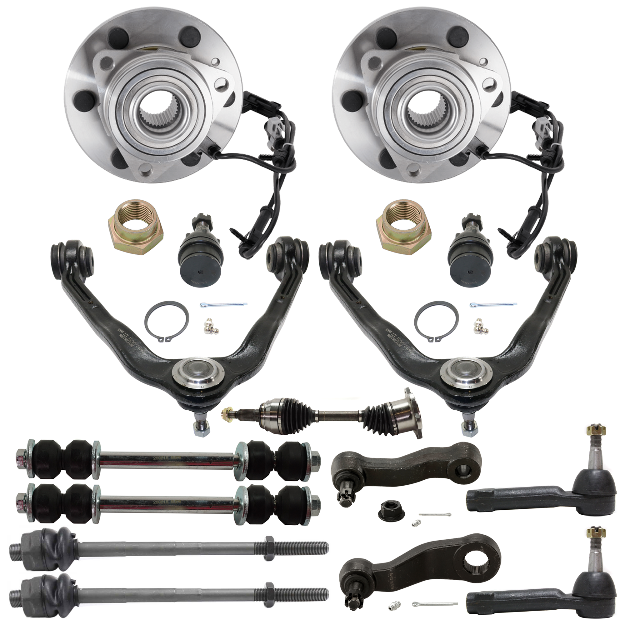 AM SILVERADO SIERRA 1500-99-06 TAHOE 00-06 FRONT SUSPENSION KIT RH AND LH 15 pc Kit with Axle Assembly Ball Joint Control Arm Idler Arm Pitman Arm Sway Bar Link Tie Rod End and Wheel Hub SKU KIT 061124 C27 OEM 104327-2601528-5051272-1247