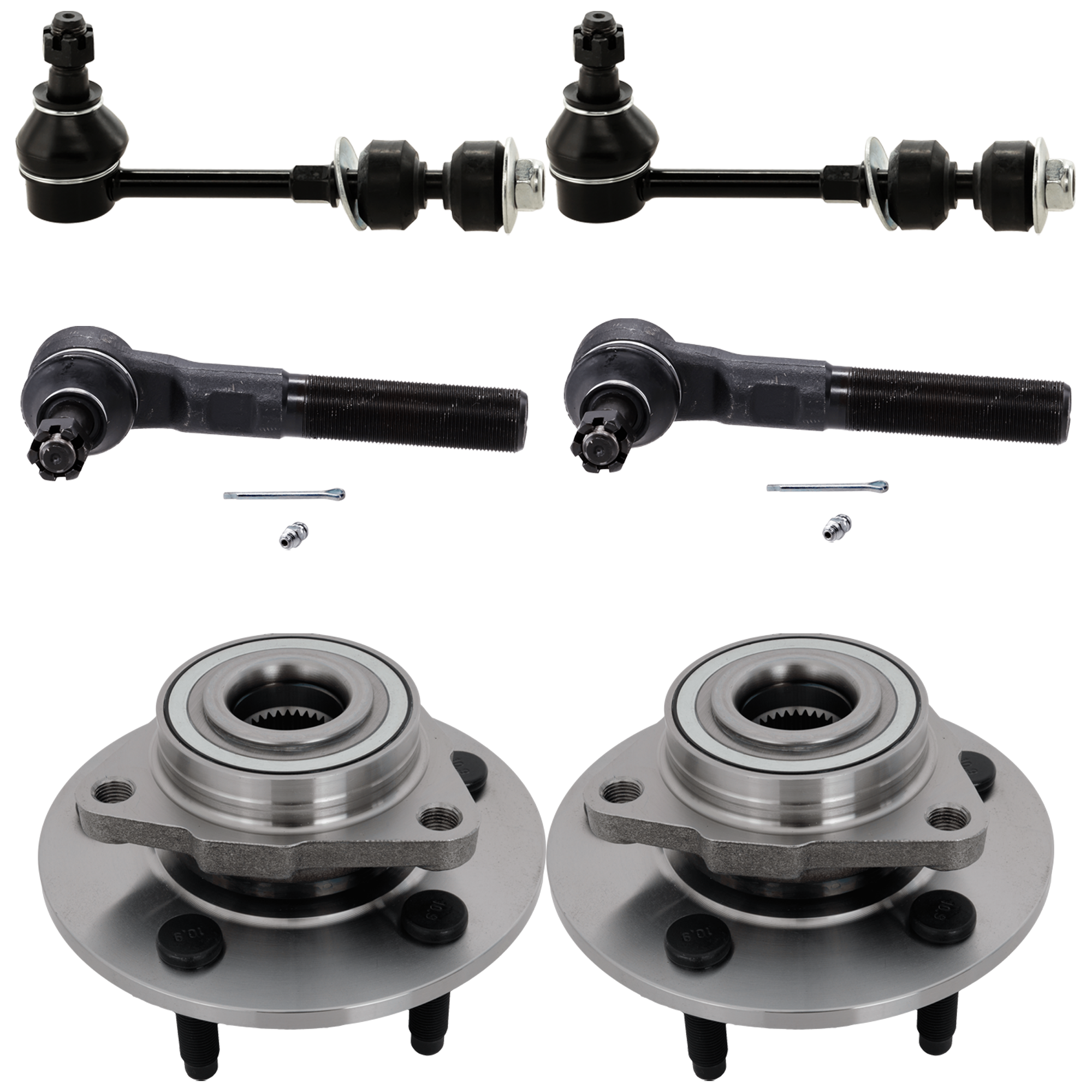 AM RAM 1500 PICKUP 98-99 FRONT HUB ASSEMBLY RH AND LH 6 pc kit 5 Studs 5 x 5.5 in. Bolt Pattern with Sway Bar Link and Tie Rod End SKU KIT 061124 C283 OEM 52008220-2651443-5451234-52038