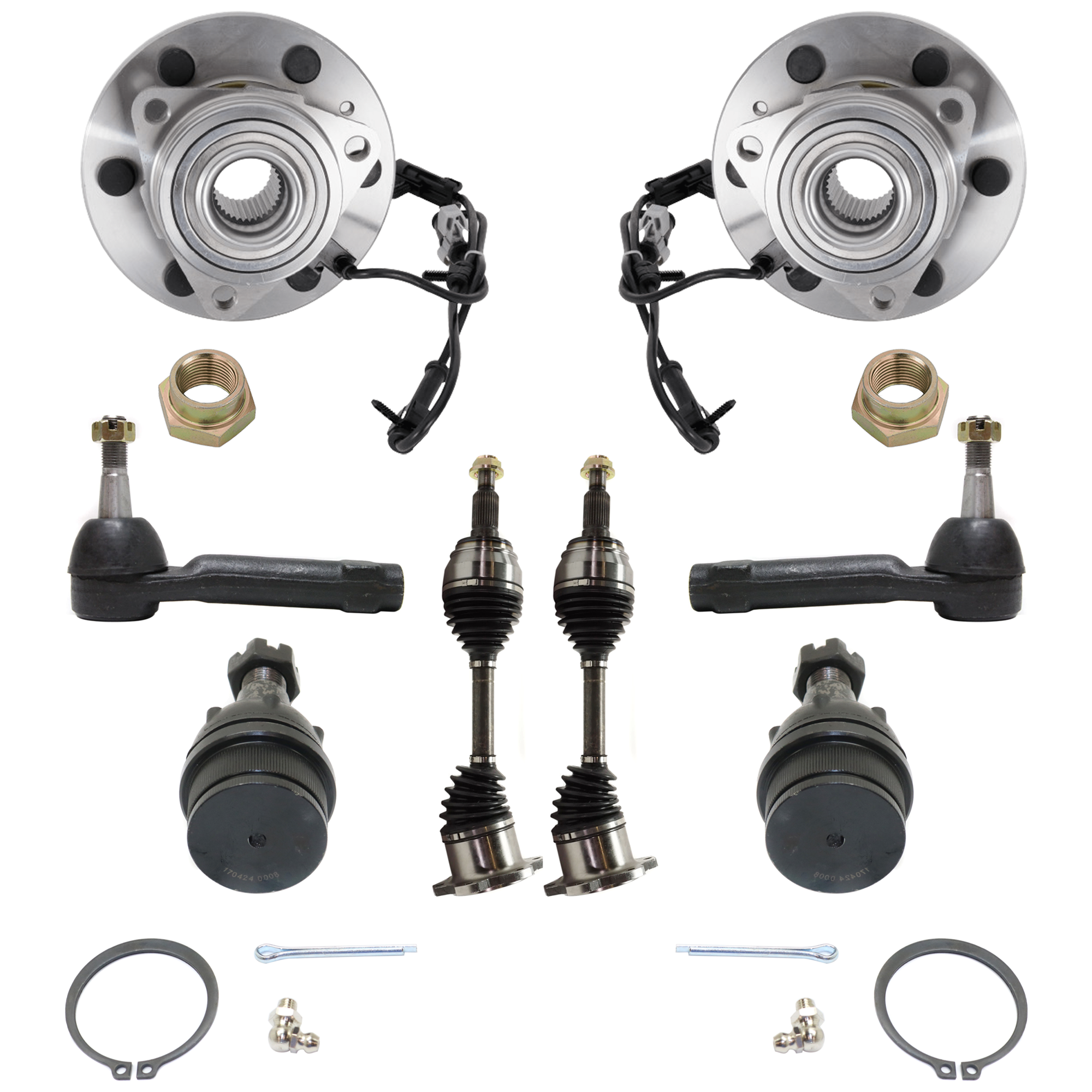 AM SILVERADO SIERRA 1500-99-07 FRONT CV AXLE ASSEMBLY RH AND LH 8 pc Kit with Ball Joint Tie Rod End and Wheel Hub SKU KIT 061124 C44 OEM 104327-2601528-5051272-1247281