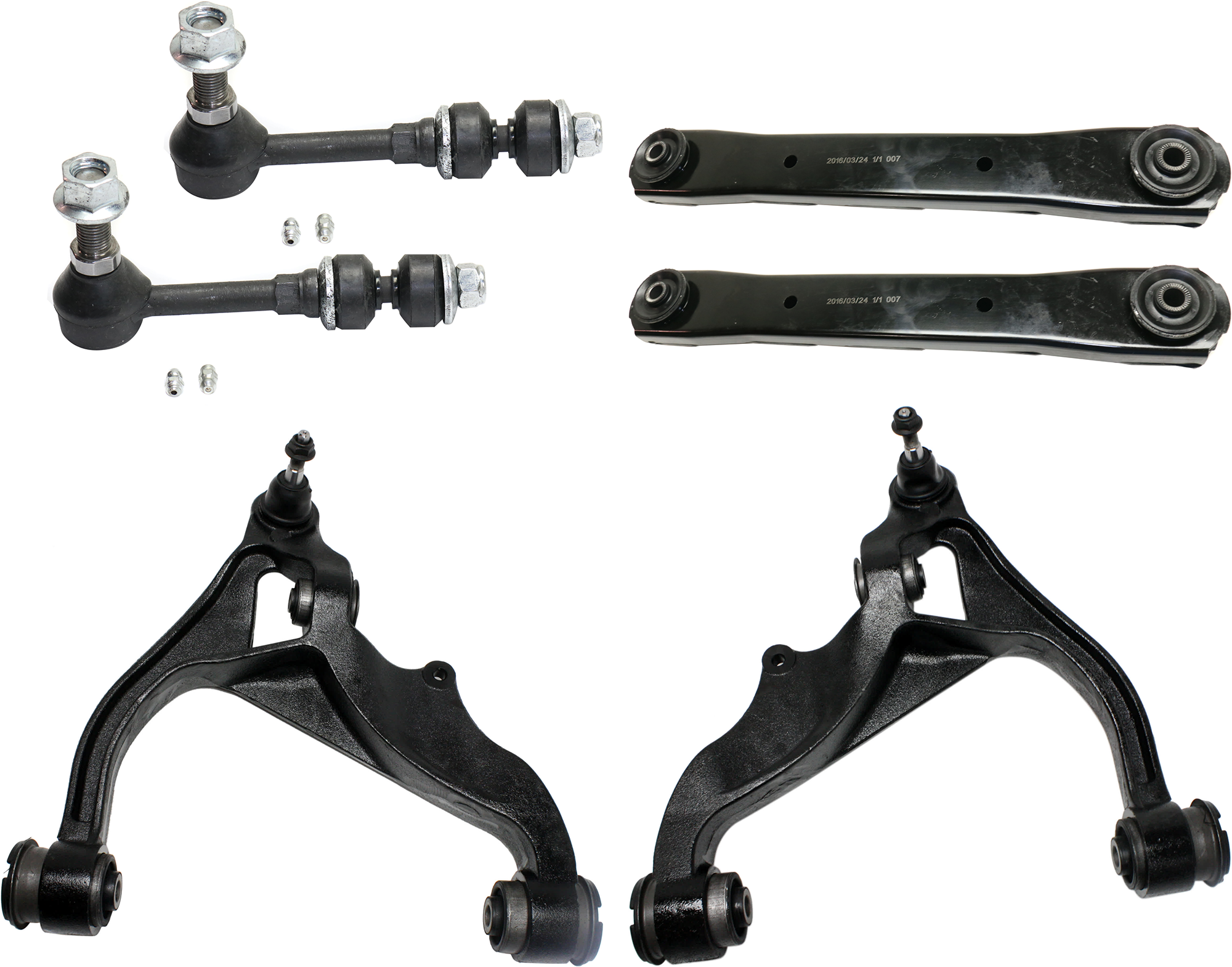 AM RAM 1500-06-08 FRONT CONTROL ARM RH AND LH Upper and Lower 6 pc kit w Sway Bar Link SKU KIT 061124 C73 OEM 52013797AB 52013797AC 55366438