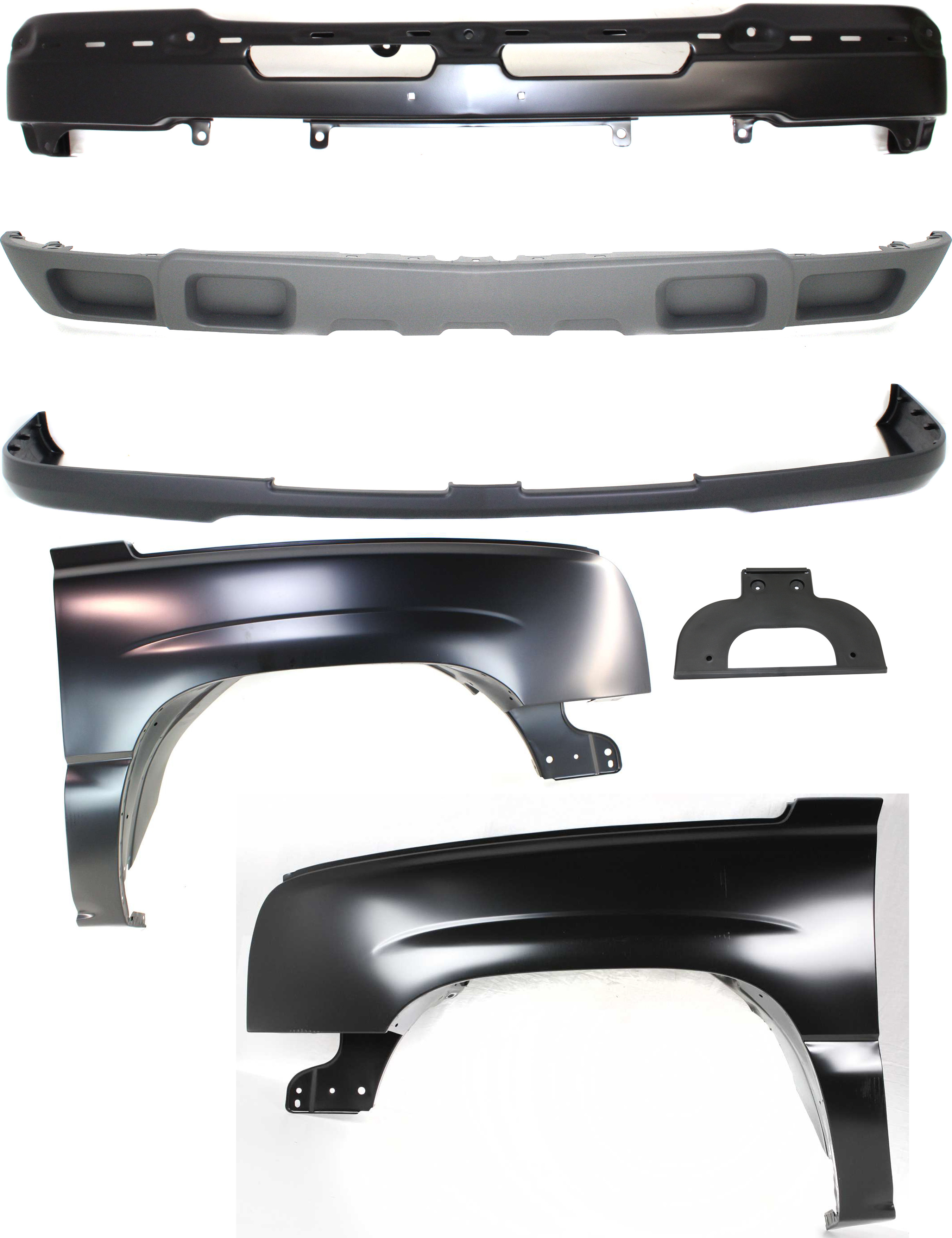 AM SILVERADO 1500-03-07 FRONT FENDER RH AND LH 6 pc Kit Includes Bumper Bumper Cover License Plate Bracket and Valance SKU KIT 061217-17 Partslink GM1240305 GM1241305 GM1002417 GM1051112 GM1068116 GM1092206 OEM 88944419-88944420-89025748-890