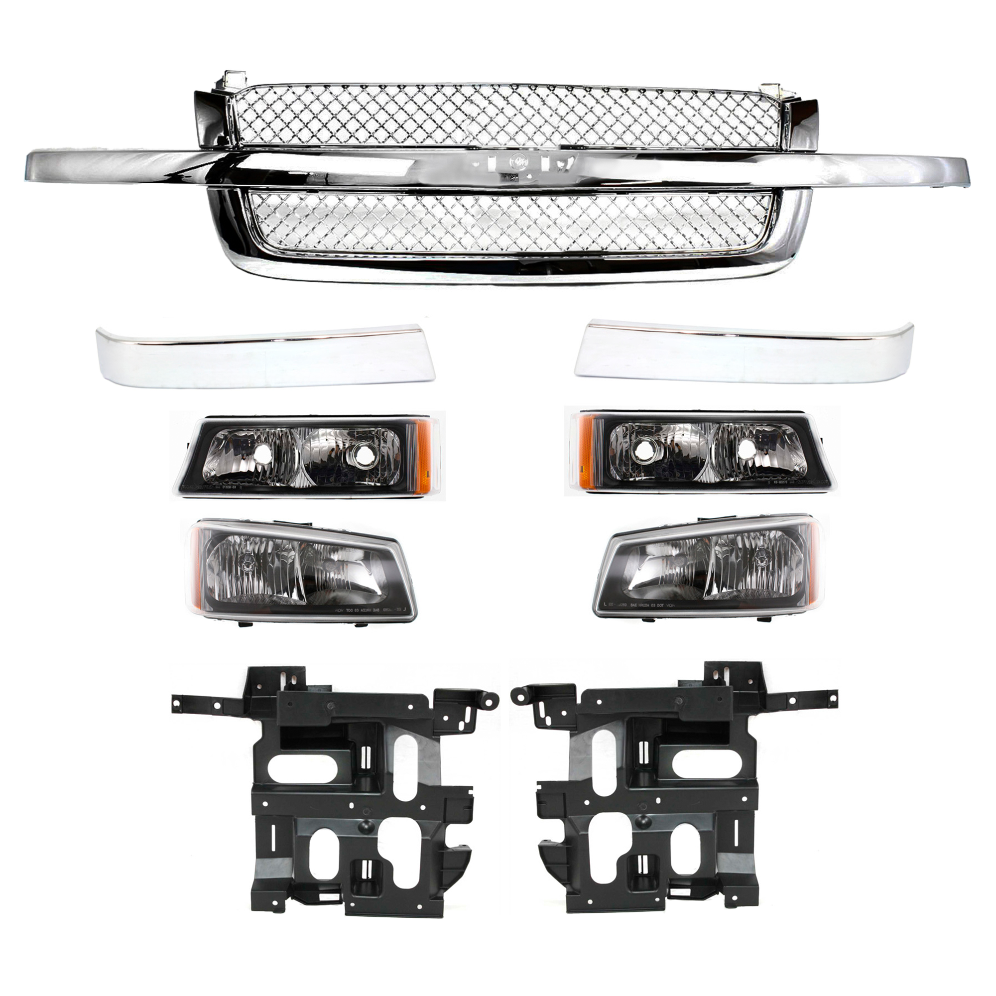 AM SILVERADO 03-07 GRILLE 9 pc Kit with Grille Trims Headlight Brackets Headlights and Turn Signal Lights SKU KIT 061217-38 Partslink GM1200514 GM1213105 GM1212105 GM2503257 GM2502257 GM1221131 GM1221130 GM2521185 GM2520185 OEM 88968933 PFM 10397972-10397973