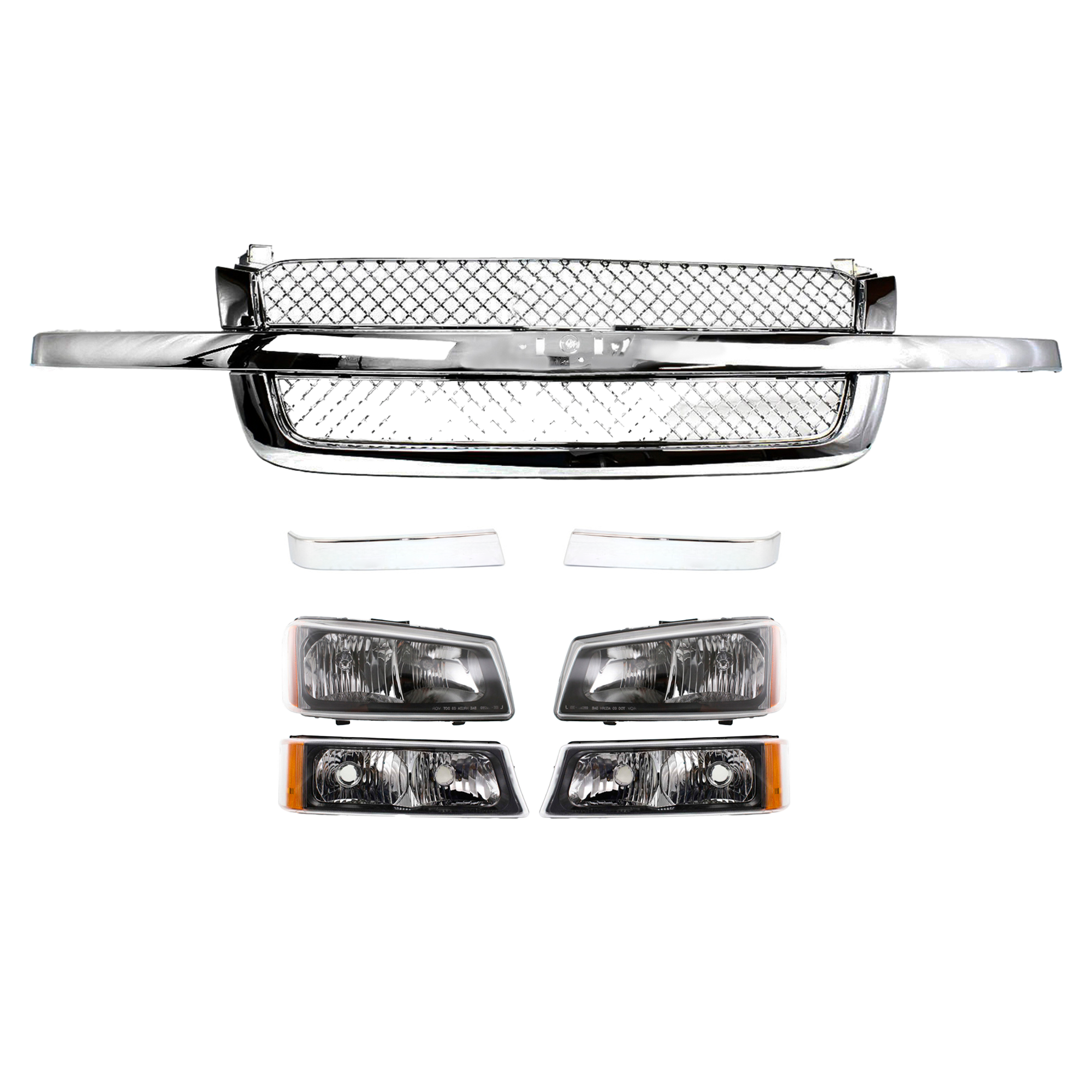 AM SILVERADO 03-07 GRILLE 7 pc Kit with Grille Trims Headlights and Turn Signal Lights SKU KIT 061217-39 Partslink GM1200514 GM1213105 GM1212105 GM2502257 GM2503257 GM2520185 GM2521185 OEM 88968933 PFM 10397972-10397973