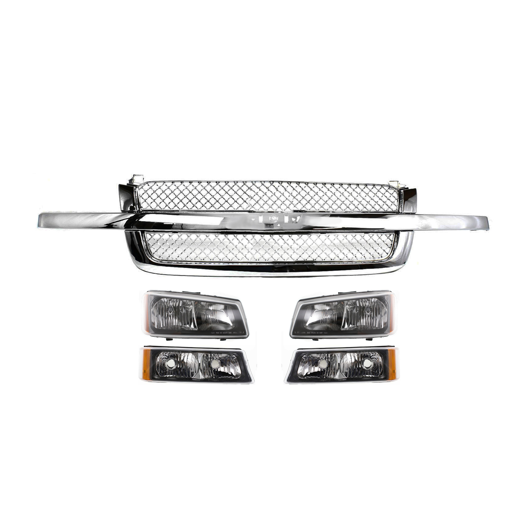 AM SILVERADO 03-07 GRILLE 5 pc Kit with Headlights and Turn Signal Lights SKU KIT 061217-40 Partslink GM1200514 GM2503257 GM2502257 GM2521185 GM2520185 OEM 88968933 PFM 10396912-10396913