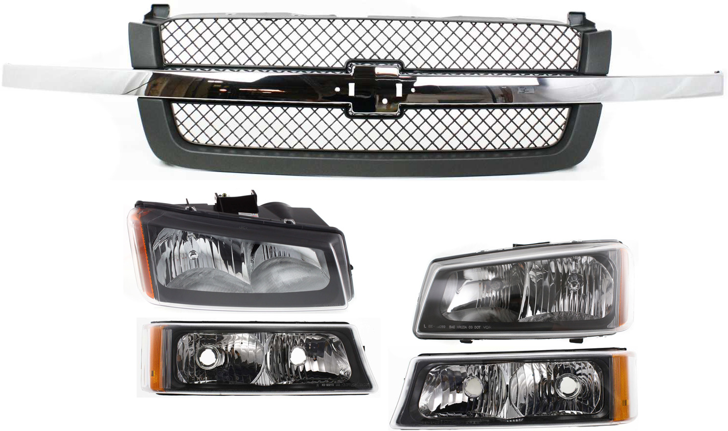 AM CHEVROLET C K FULL SIZE PICKUP 03-07 GRILLE 5 pc kit Textured Gray Mesh Insert w Headlight and Turn Signal Light SKU KIT 061217-43 Partslink GM1200474 GM2503257 GM2502257 GM2521185 GM2520185 OEM 88968933-10396912-10396913-151