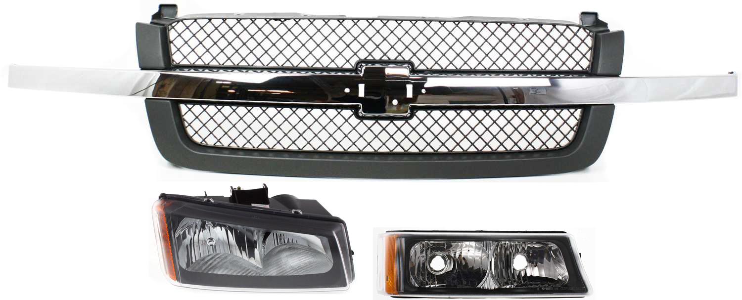 AM CHEVROLET C K FULL SIZE PICKUP 03-07 GRILLE 3 pc kit Textured Gray Mesh Insert w Headlight and Turn Signal Light SKU KIT 061217-49 Partslink GM1200474 GM2503257 GM2521185 OEM 88968933-10396912-15199557