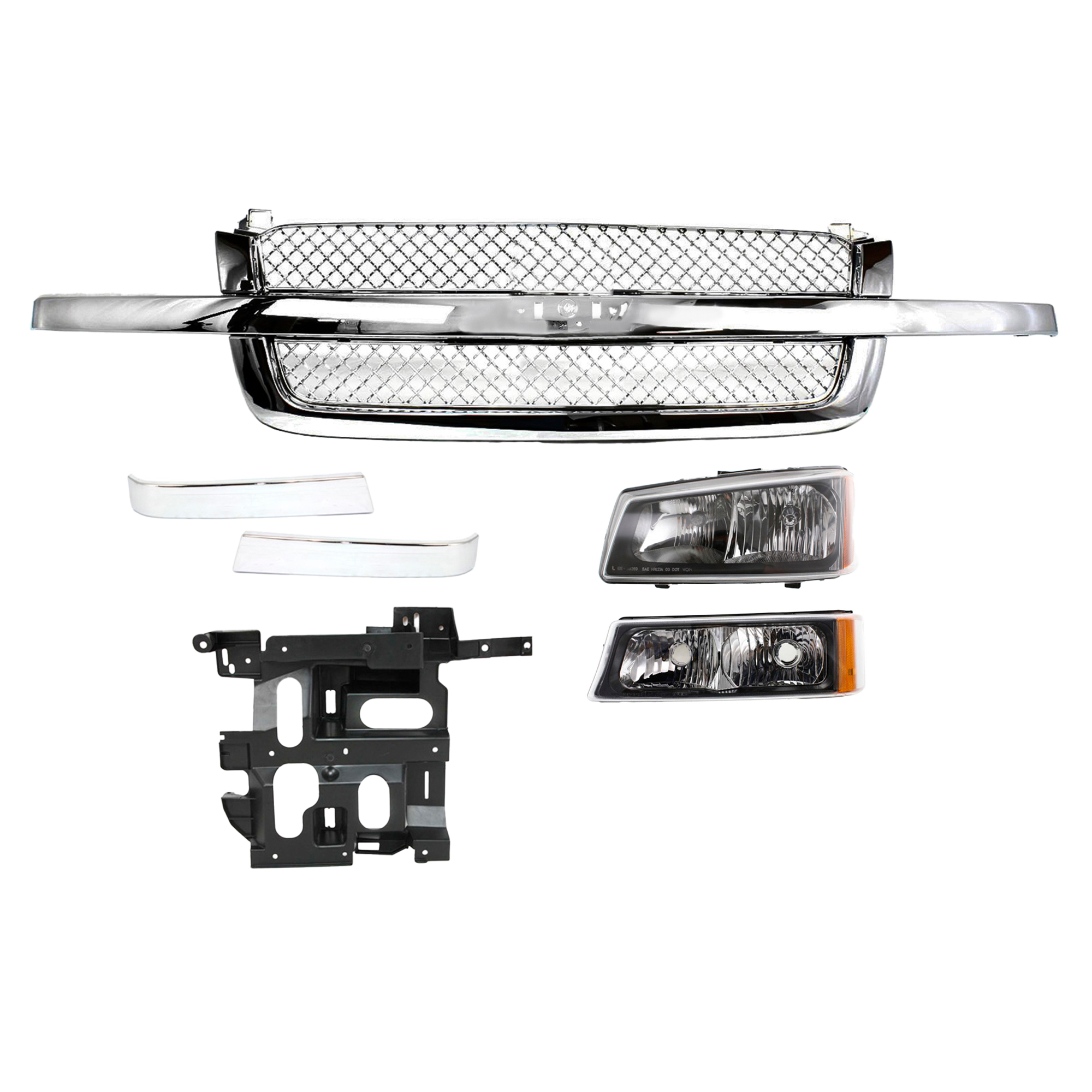 AM SILVERADO 03-07 GRILLE 6 pc Kit with Grille Trims Headlight Headlight Bracket and Turn Signal Light SKU KIT 061217-50 Partslink GM1200514 GM1213105 GM1212105 GM2502257 GM1221130 GM2520185 OEM 88968933 PFM 10397972-10397973