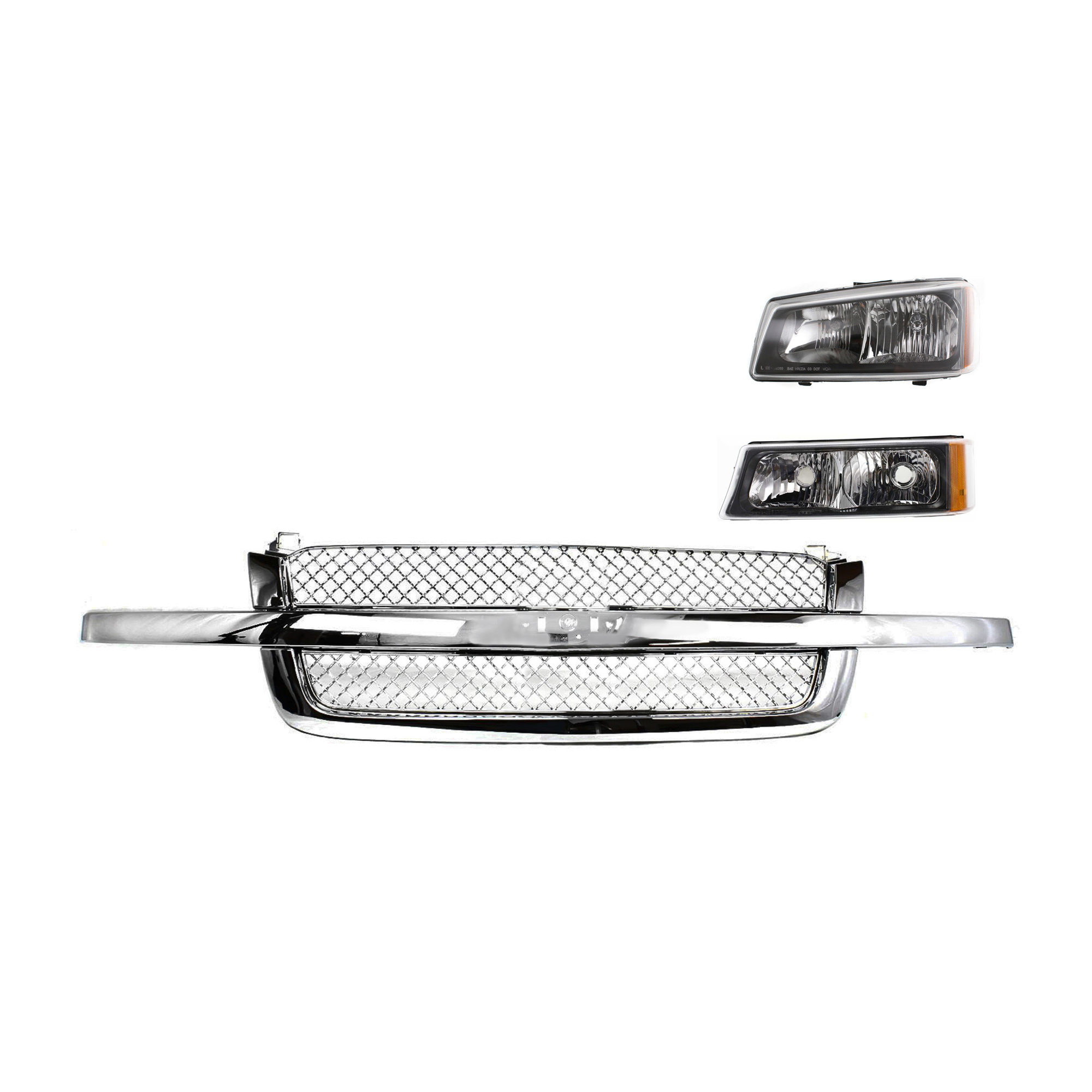 AM SILVERADO 03-07 GRILLE 3 pc Kit with Headlight and Turn Signal Light SKU KIT 061217-52 Partslink GM1200514 GM2502257 GM2520185 OEM 88968933 PFM 10396913-15199556
