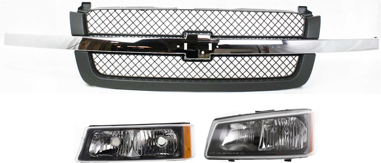AM CHEVROLET C K FULL SIZE PICKUP 03-07 GRILLE 3 pc kit Textured Gray Mesh Insert w Headlight and Turn Signal Light SKU KIT 061217-55 Partslink GM1200474 GM2502257 GM2520185 OEM 88968933-10396913-15199556