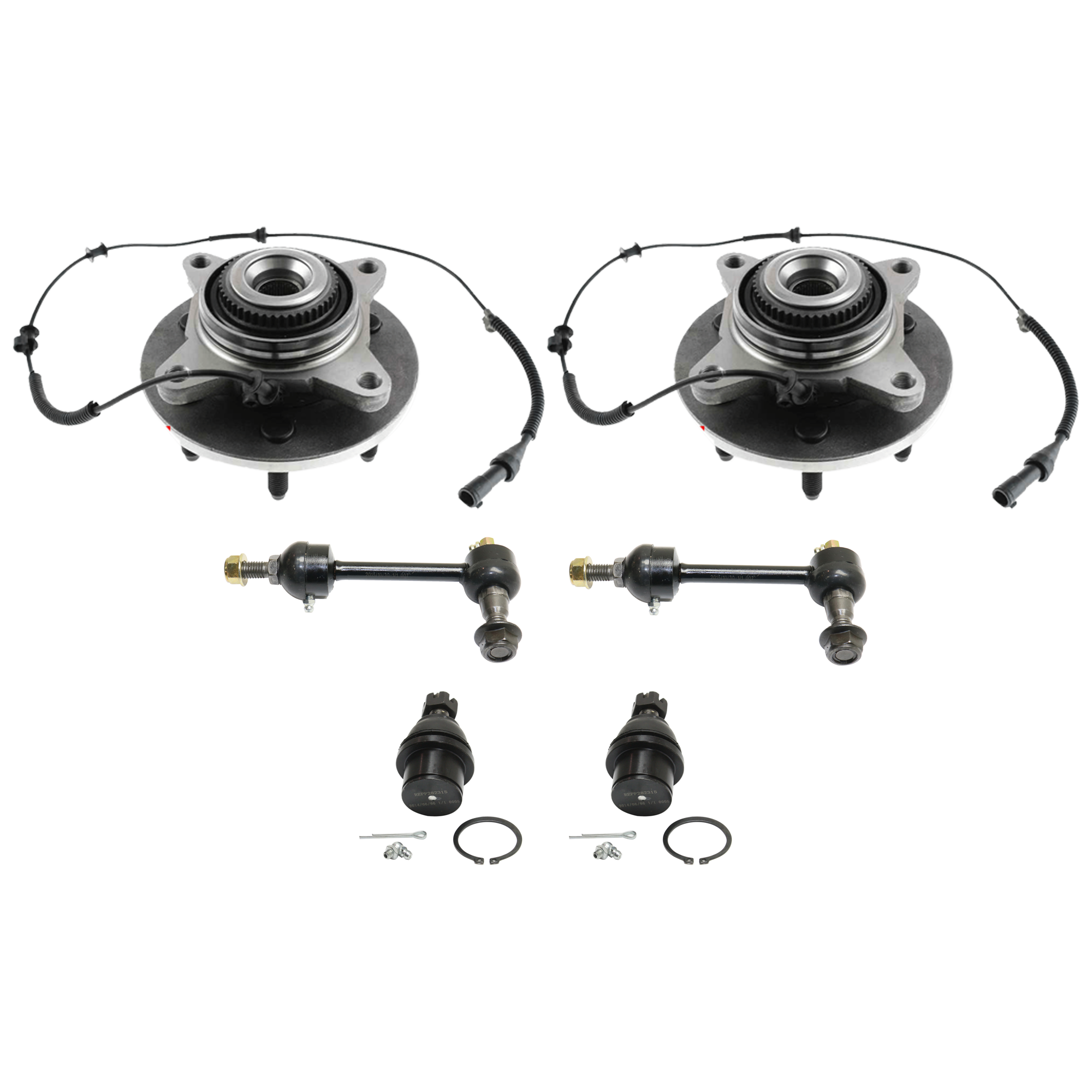 AM F 150-04-05 FRONT SUSPENSION KIT RH AND LH 6 pc kit with Ball Joint Sway Bar Link Wheel Hub SKU KIT 061224-03 OEM 104298-104368-5051314-2L1Z3050