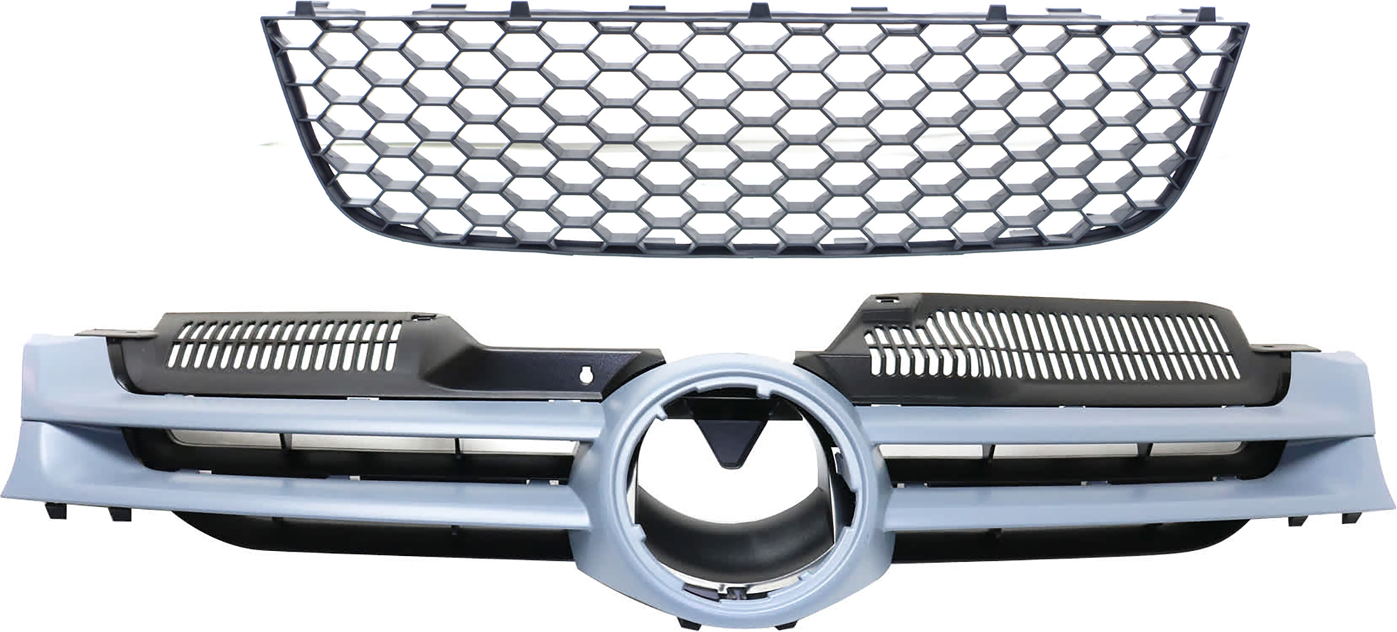AM RABBIT 06-09 GRILLE 2 pc Kit Primed Gray Shell and Insert with Bumper Grille SKU KIT 061224-43 Partslink VW1200136 VW1036111 OEM 1K0853651AGRU 1K0853677B9B9