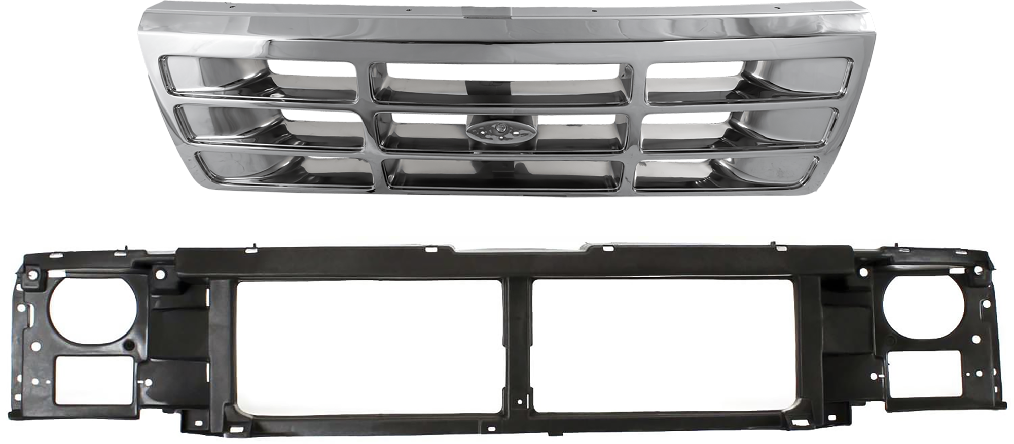 AM F SERIES 92-97 BRONCO 92-96 GRILLE 2 pc Kit Chrome Shell Painted Gray Insert with Header Panel SKU KIT 061224-45 Partslink FO1200173 FO1220113 OEM F4TZ8200A F6TZ8A284AC