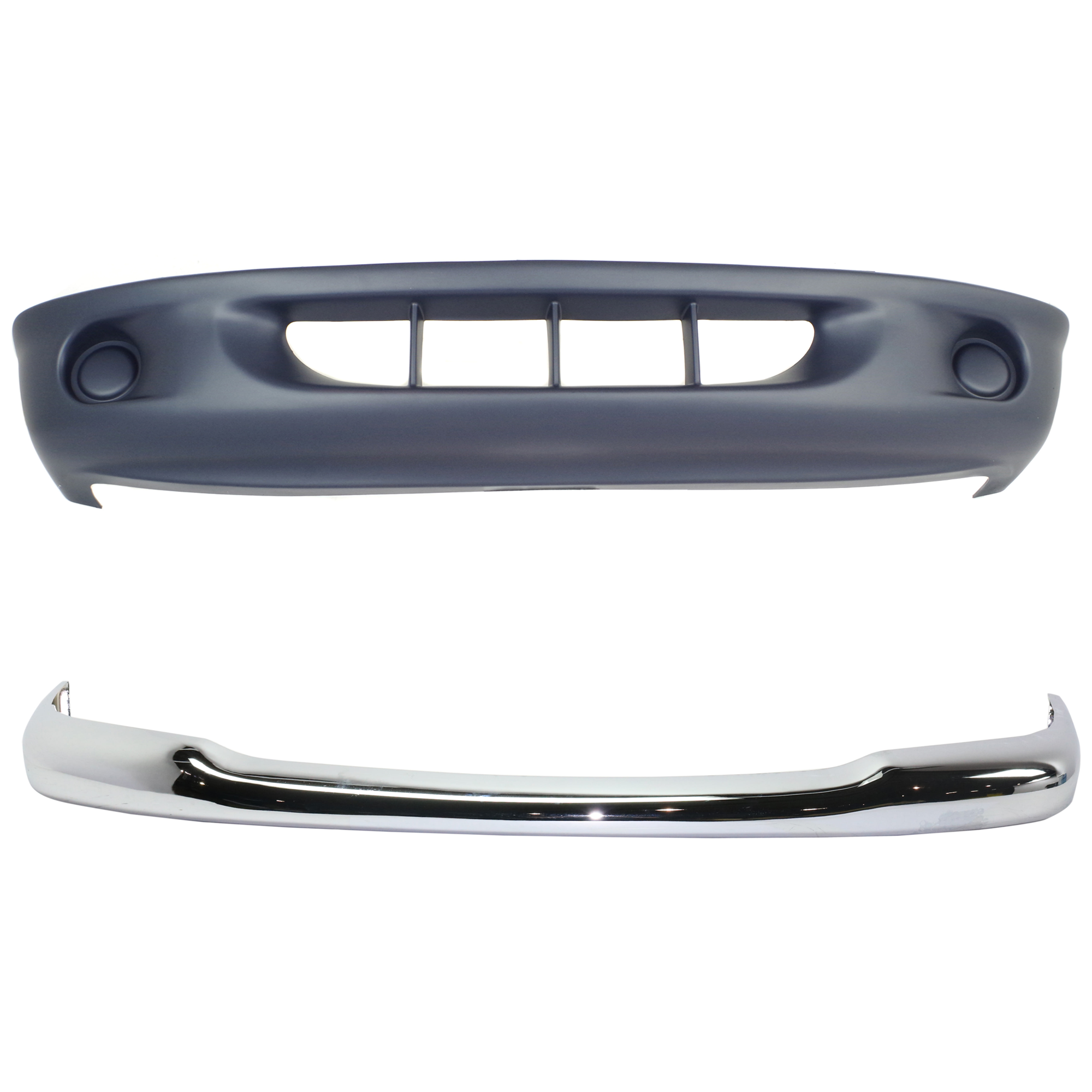 AM DAKOTA 97-00 FRONT BUMPER 2 pc kit Face Bar Chrome with 2 Piece Type Bumper without Brackets with Bumper Cover SKU KIT 061224-46 Partslink CH1000289 OEM 55255844AB PFM 4897588AB