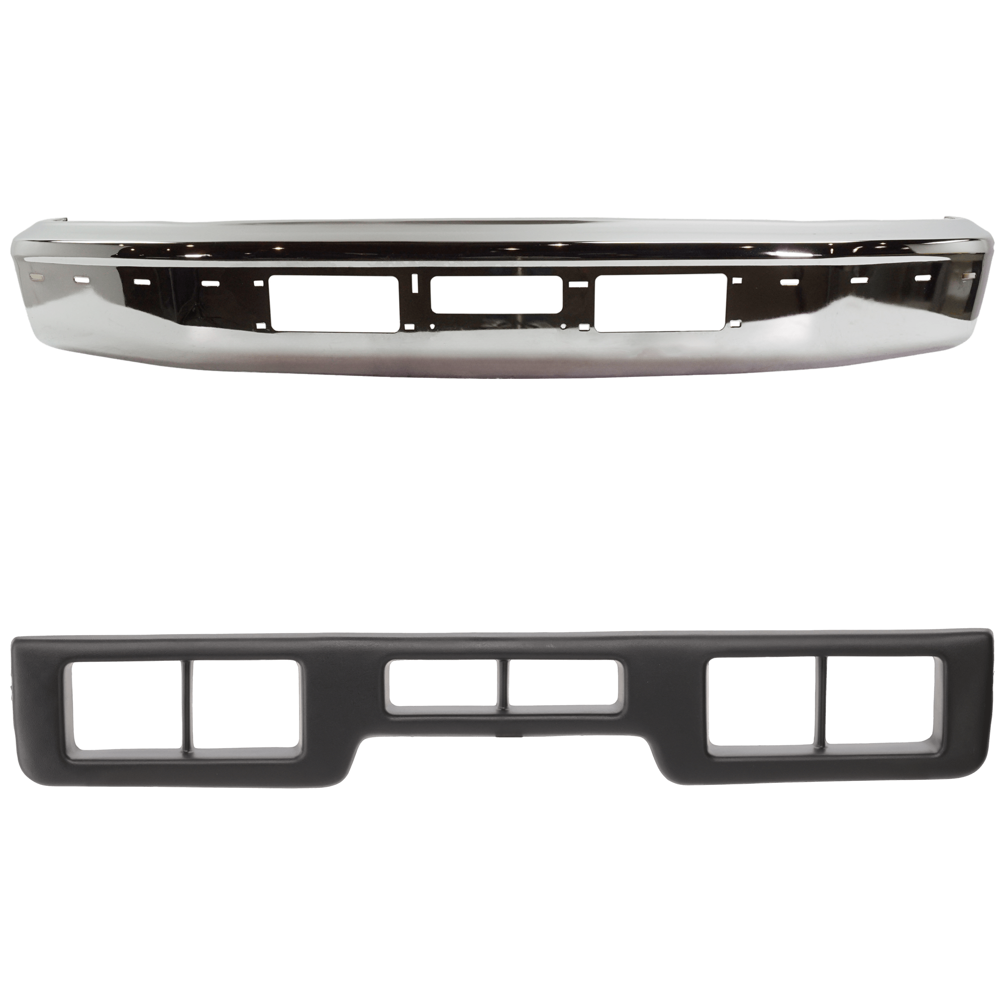 AM F SERIES 92-97 BRONCO 92-96 FRONT BUMPER 2 pc kit Chrome with Molding Holes and Air Holes with Bumper Trim SKU KIT 061224-61 Partslink FO1002254 FO1057272 OEM F3TZ17757AB F3TZ17K833K