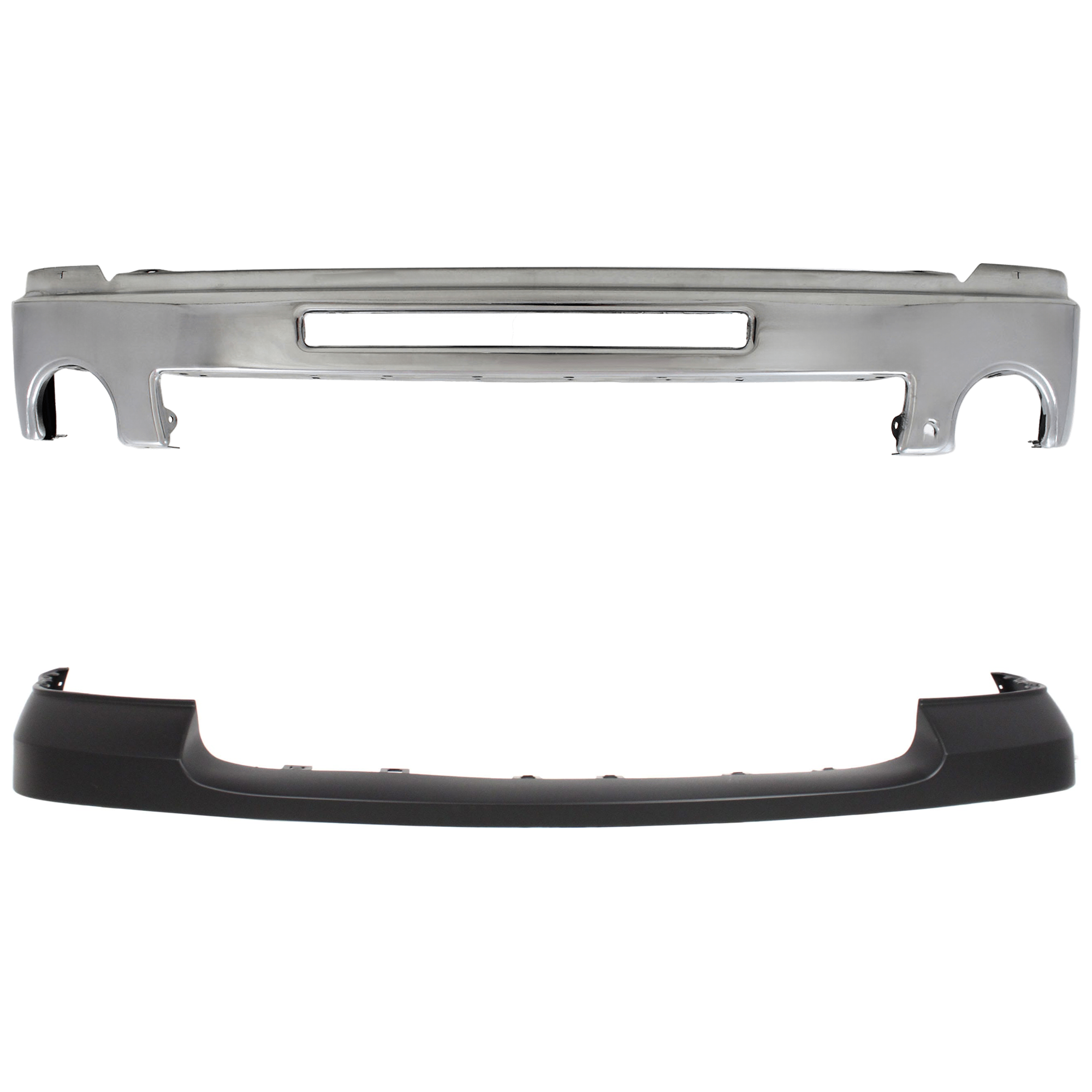 AM SIERRA 1500-07-13 FRONT BUMPER 2 pc kit Chrome with Air Hole SL SLE SLT WT with Towing Package Hybrid Models Excludes 2007 Classic with Bumper Cover SKU KIT 061224-73 Partslink GM1002834 GM1014102 OEM 15902856-25783584