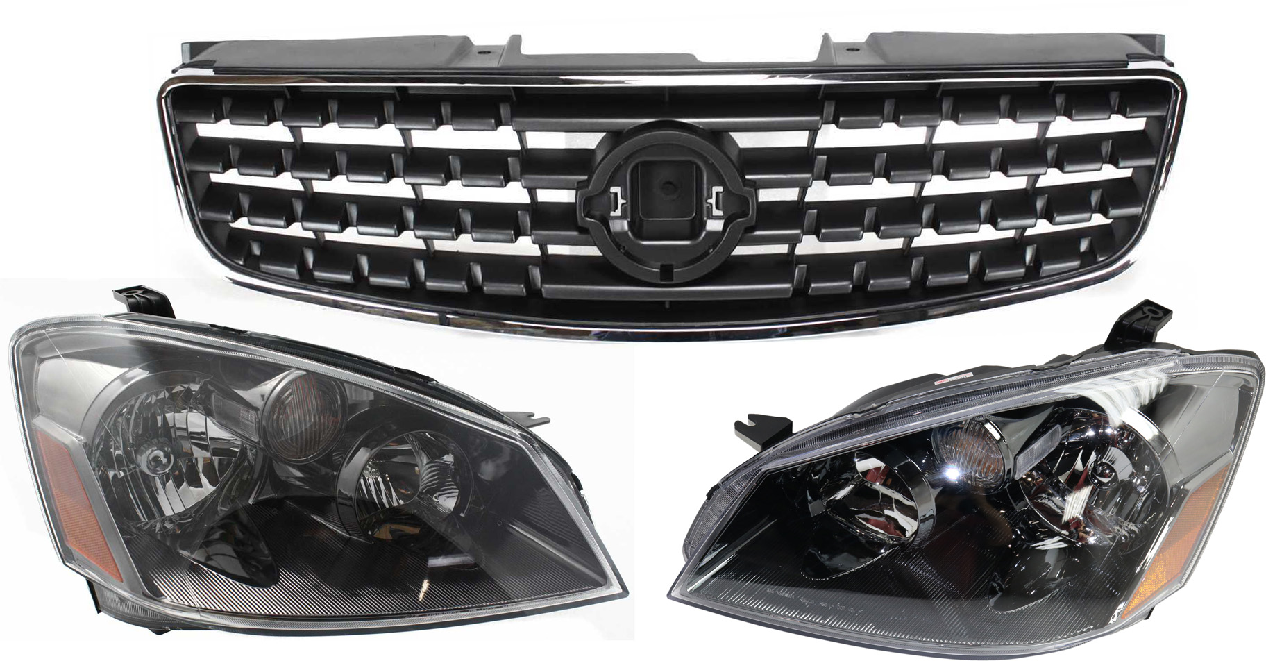 AM ALTIMA 05-06 HEAD LAMP RH AND LH Assembly Halogen 3 pc Kit with Grille Assembly SKU KIT 061317-07 Partslink NI2503156 NI2502156 NI1200213 OEM 26010ZB525-26060ZB525-62070ZB0