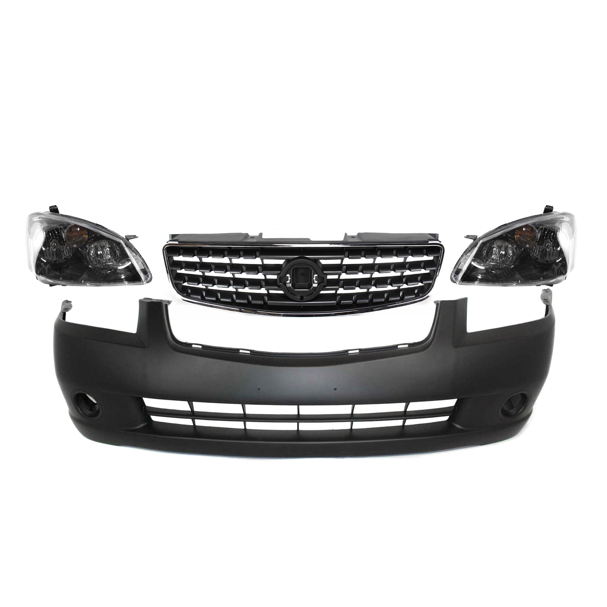 AM ALTIMA 05-06 FRONT BUMPER COVER 4 pc kit with Grille Assembly and Headlights SKU KIT 061317-10 Partslink NI1000219 NI1200213 NI2518104 NI2519104 OEM 62022ZB000-62070ZB000-26075ZB9