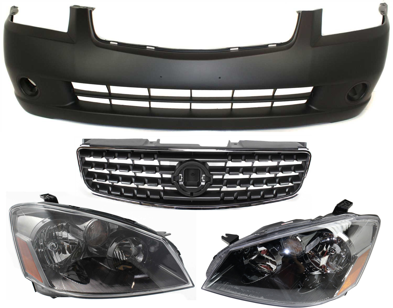 AM ALTIMA 05-06 HEAD LAMP RH AND LH Assembly Halogen 4 pc Kit with Bumper Cover and Grille Assembly SKU KIT 061317-11 Partslink NI2503156 NI2502156 NI1000219 NI1200213 OEM 26010ZB525-26060ZB525-62022ZB0
