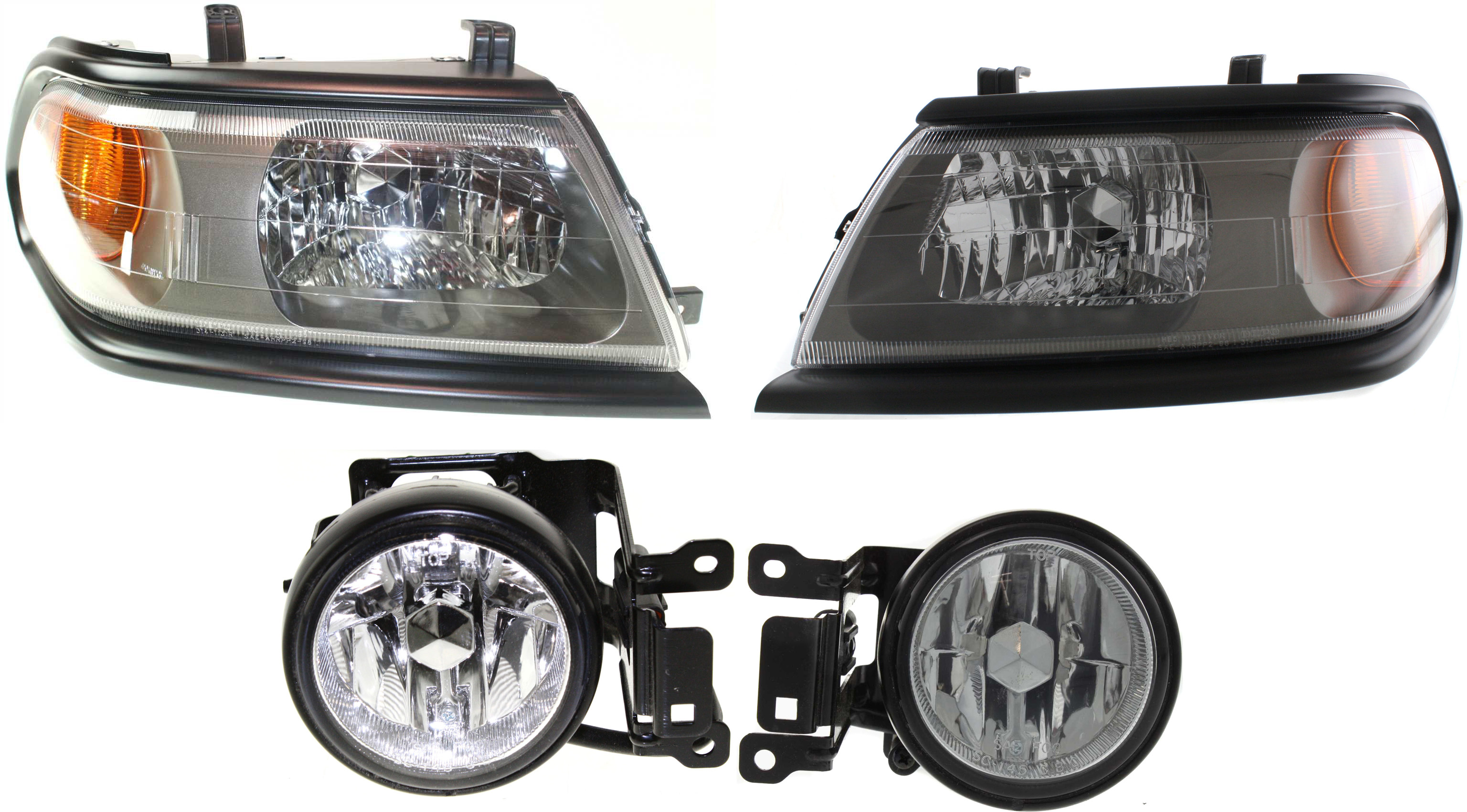 AM MONTERO SPORT 00-04 HEAD LAMP RH AND LH Assembly Halogen 4 pc Kit with Fog Lights SKU KIT 061317-20 Partslink MI2502126 MI2503126 MI2592111 MI2593111 OEM MR496353 MR496354 MR496371 MR4