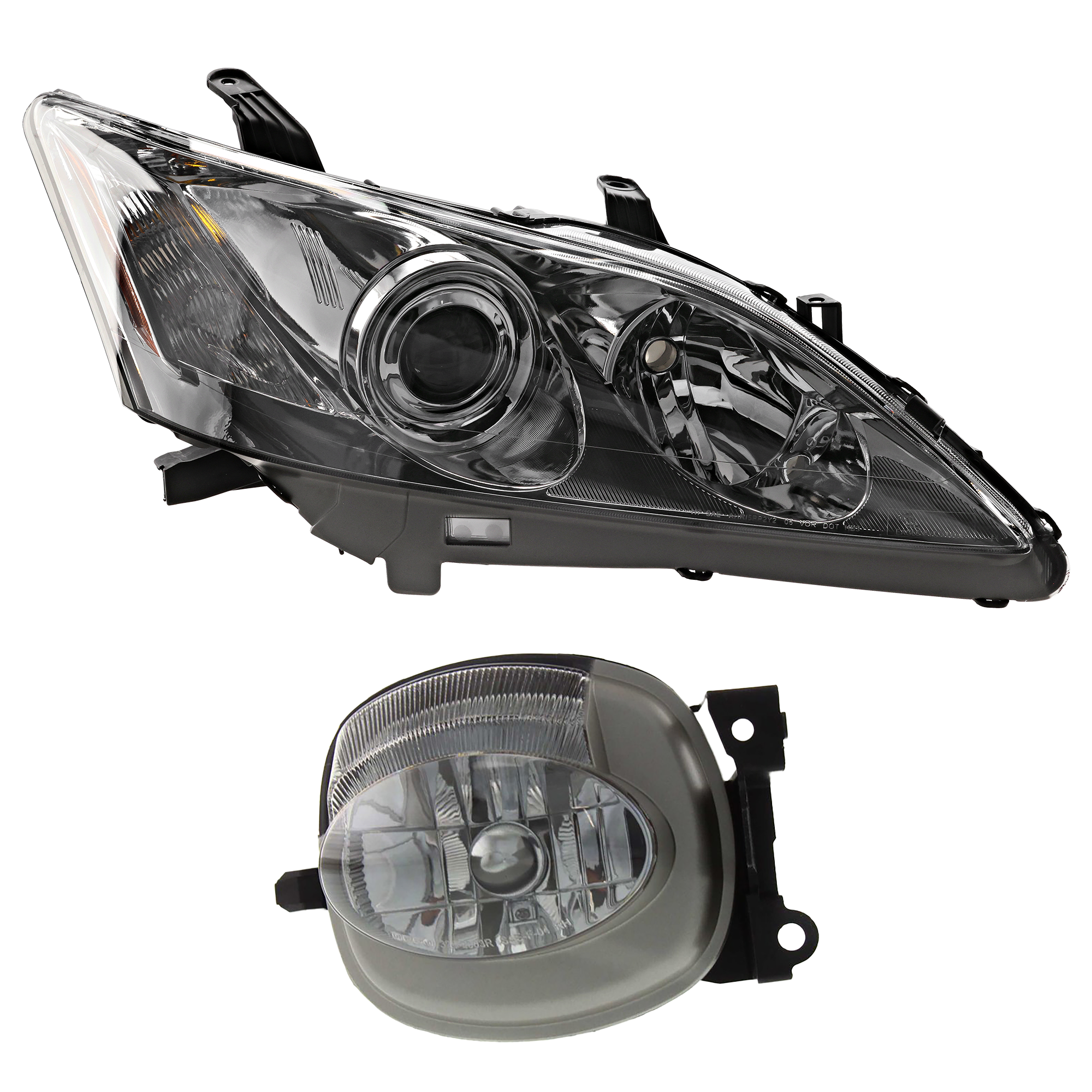 AM ES350-07-09 HEAD LAMP RH 2 pc Kit Lens and Housing Halogen with Fog Light SKU KIT 061317-94 Partslink LX2503134 LX2593108 OEM 8113033670-8121133200
