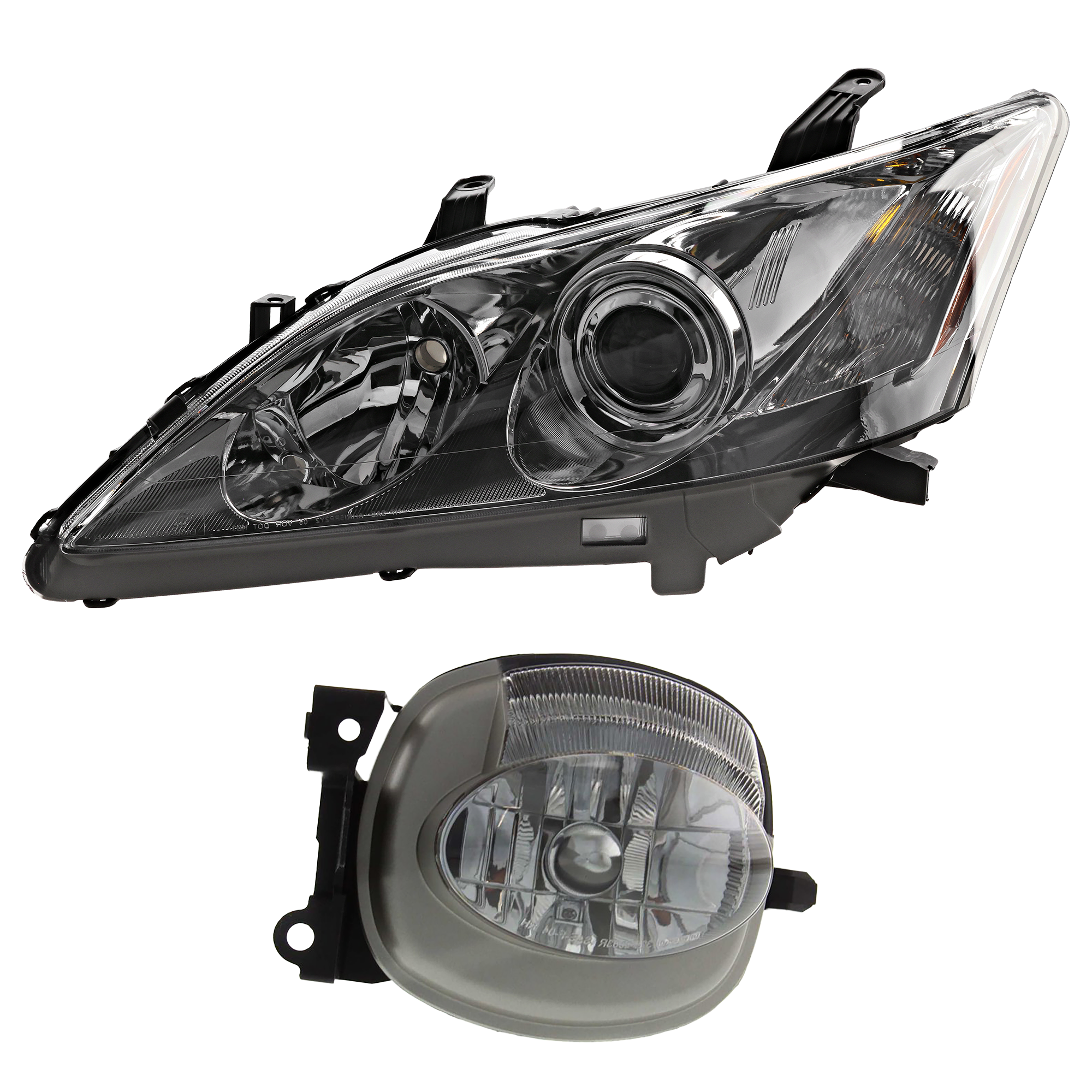 AM ES350-07-09 HEAD LAMP LH 2 pc Kit Lens and Housing Halogen with Fog Light SKU KIT 061317-95 Partslink LX2502134 LX2592108 OEM 8117033670-8122133200