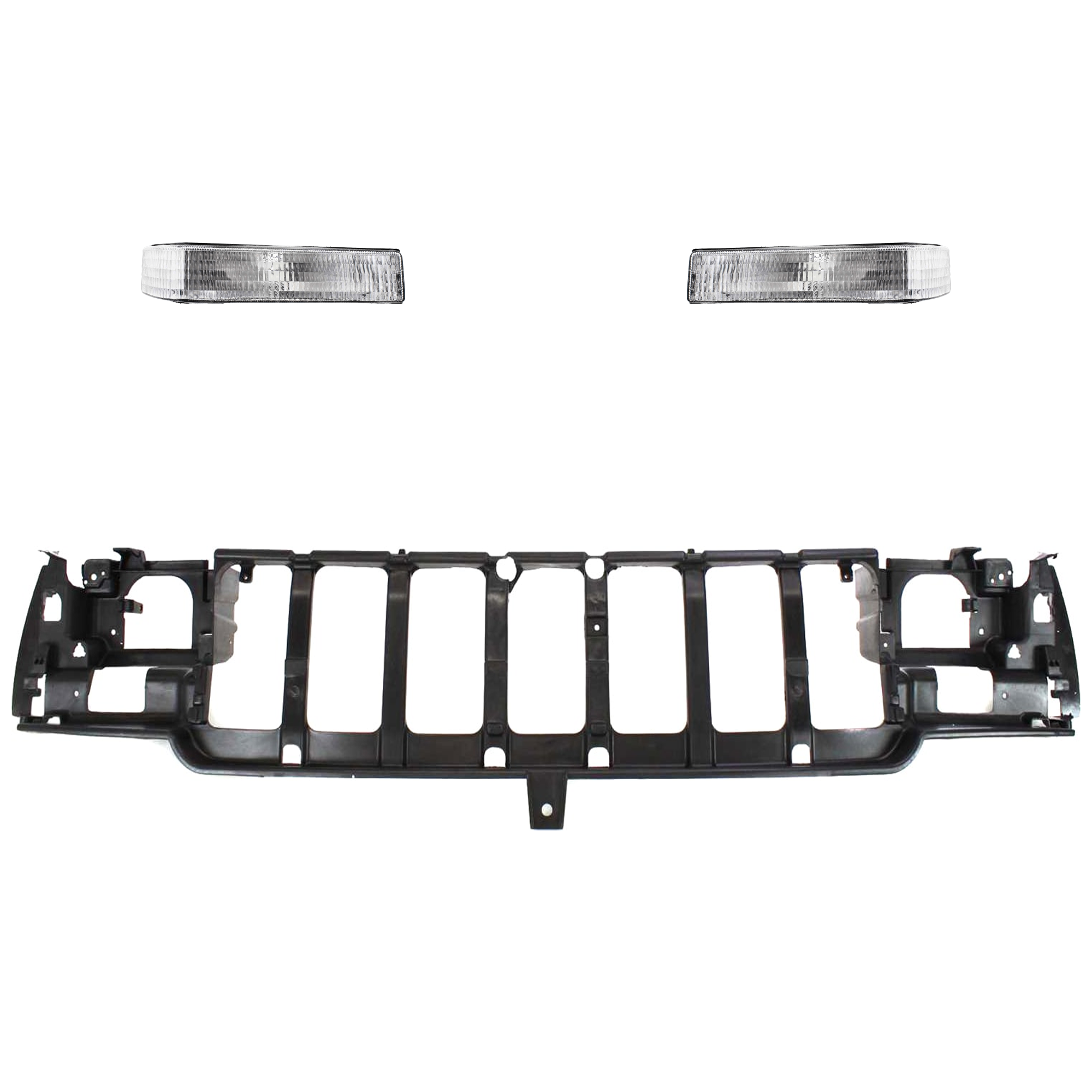 AM GRAND CHEROKEE 97-98 HEADER PANEL 3 pc Kit with Turn Signal Light SKU KIT 061324-17 Partslink CH1220114 CH2520128 CH2521128 OEM 55054996AB 56005099AB 56005098