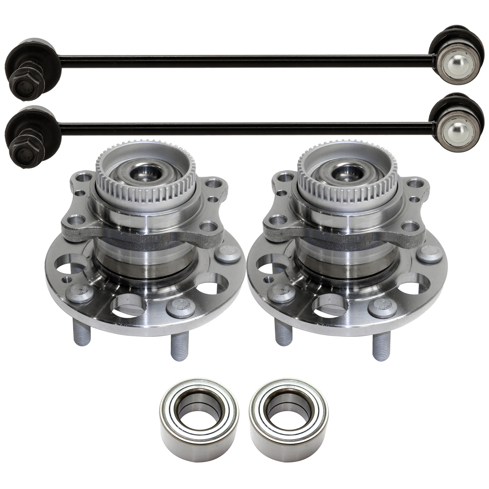 AM ELANTRA 11-16 FORTE 14-18 FRONT AND REAR SUSPENSION KIT RH AND LH 6 pc Kit with Sway Bar Link Wheel Bearing and Wheel Hub SKU KIT 061324-56 OEM 548300U000-548304L000-517200Q0