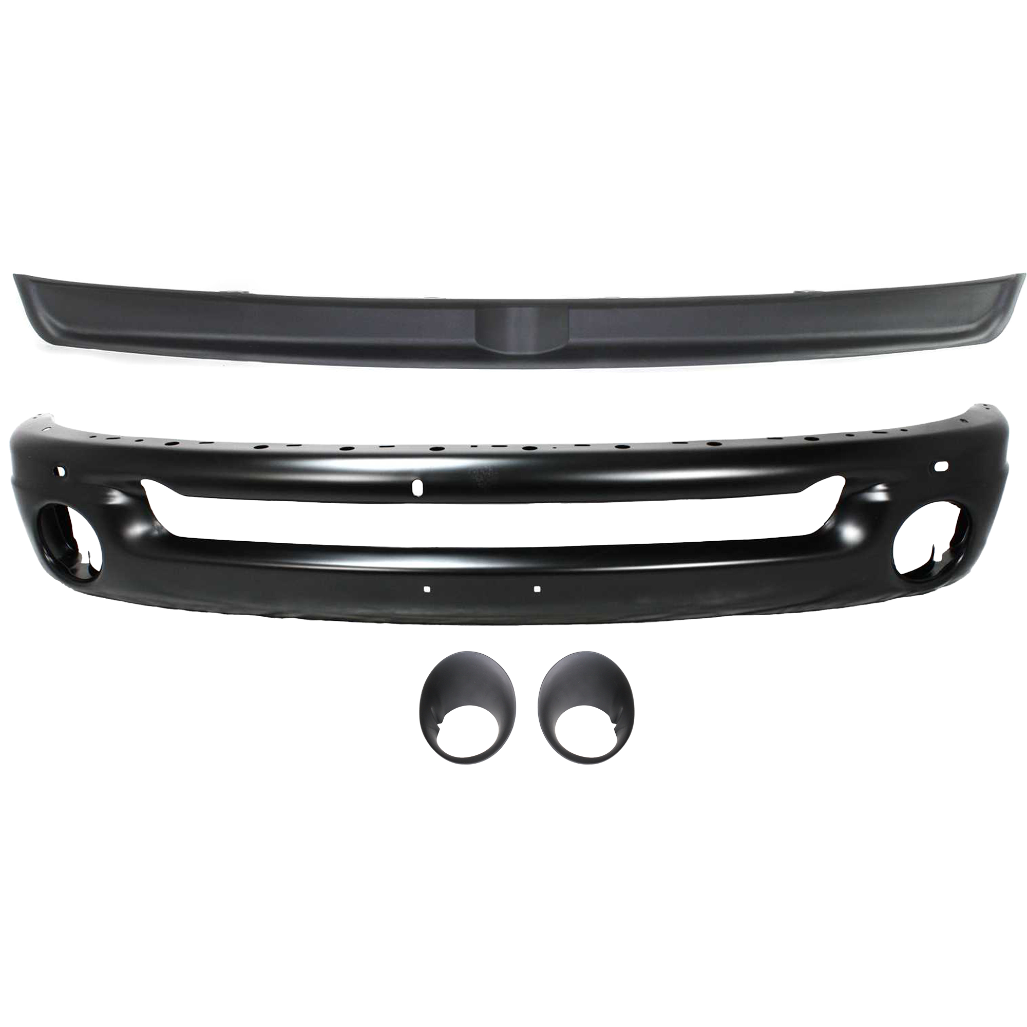 AM RAM 1500-02-05 FRONT BUMPER Face Bar Painted Black Steel 4 pc Kit with Bumper Trim and Fog Light Trims SKU KIT 061417-18 Partslink CH1002377 CH1091101 CH2598101 CH2599101 OEM 1AR811SPAA 55077896AC 55077239