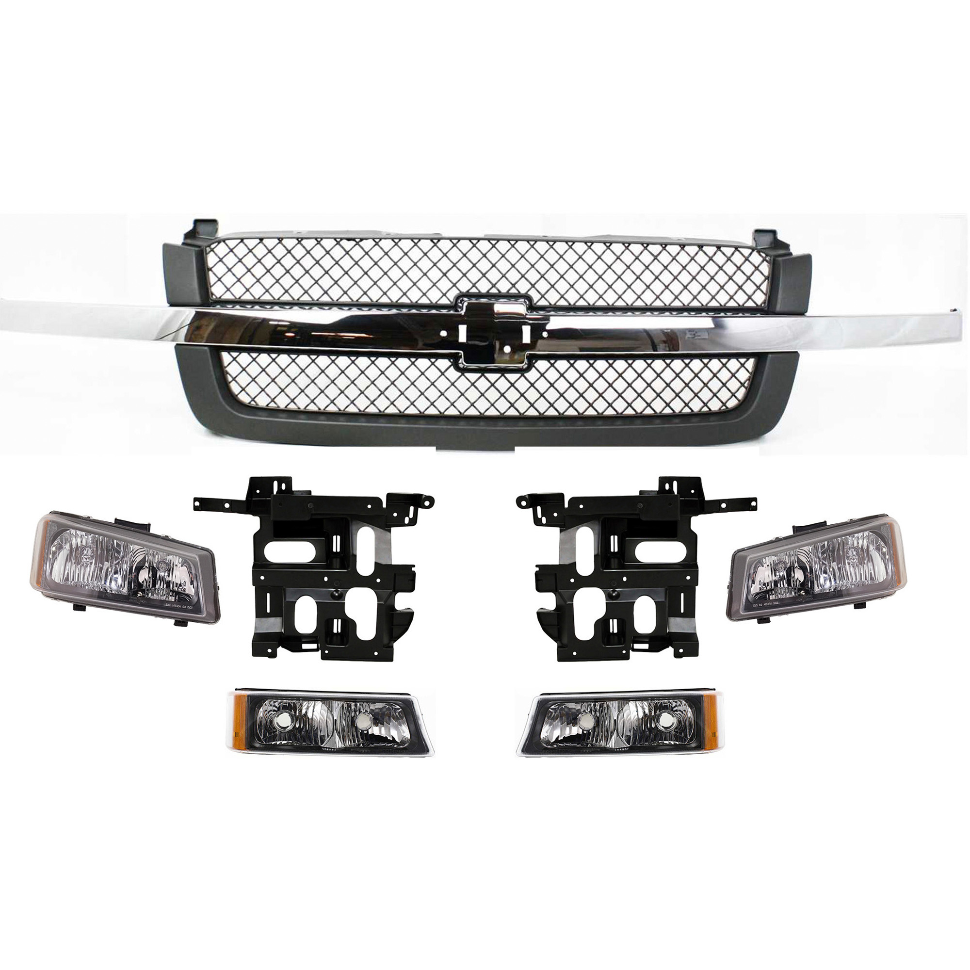 AM SILVERADO 03-07 GRILLE 7 pc Kit with Headlight Brackets Headlights and Turn Signal Lights SKU KIT 061417-29 Partslink GM1200489 GM2502224 GM2503224 GM1221130 GM1221131 GM2520185 GM2521185 OEM 19168629-10396913 PFM 10396912