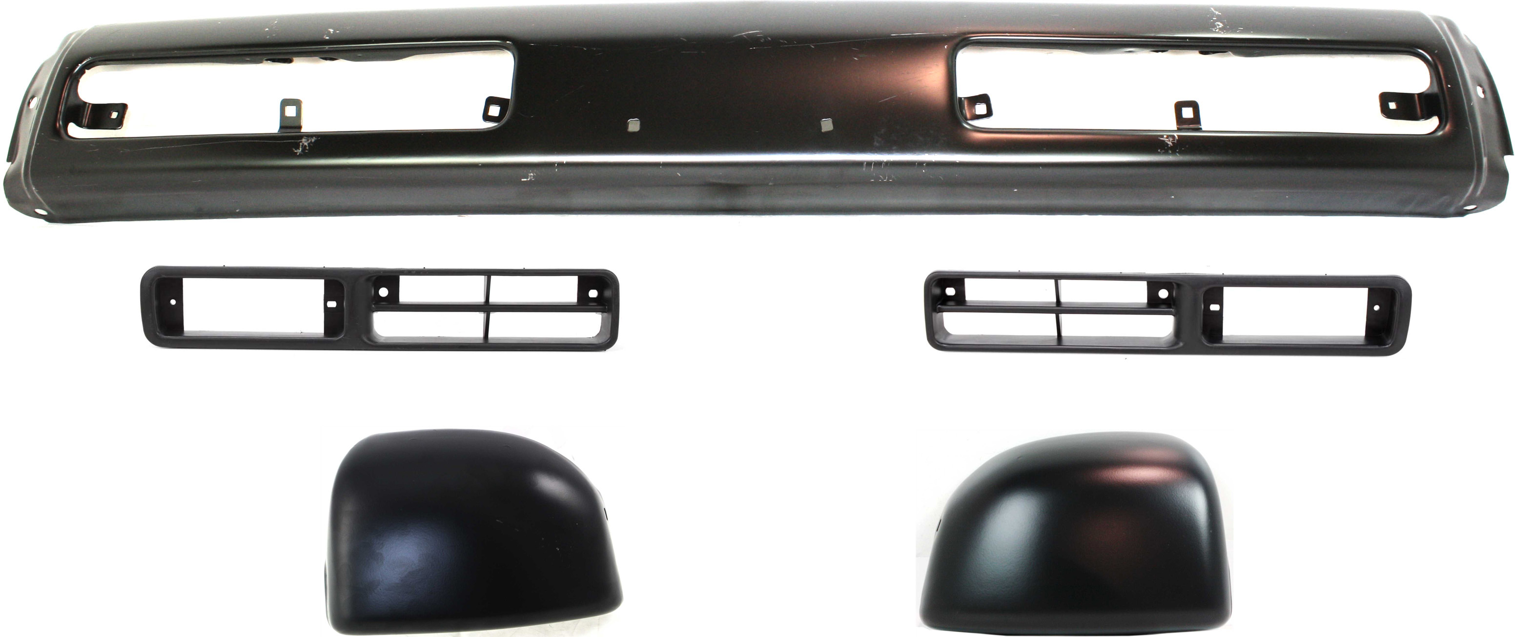 AM D21-93-94 PICKUP 95-95 FRONT BUMPER 5 pc Kit with Bumper Bumper Ends and Fog Light Trims SKU KIT 061417-41 Partslink NI1002102 NI1005131 NI1004131 NI1039101 NI1038101 OEM 6201457G26-6201656G00-6201756G