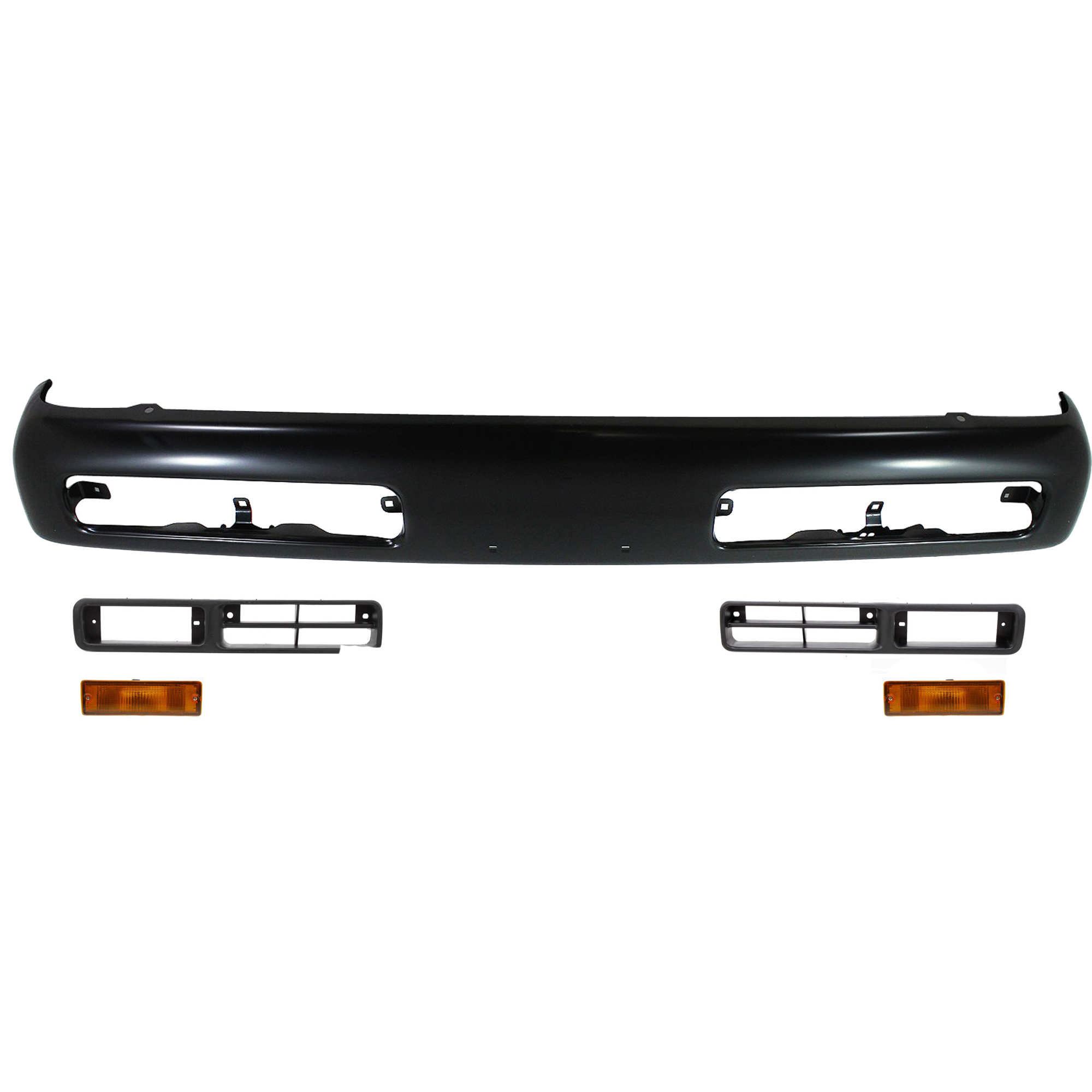 AM PICKUP 96-97 FRONT BUMPER 5 pc Kit with Bumper Fog Light Trims and Turn Signal Lights SKU KIT 061417-43 Partslink NI1002130 NI1039101 NI1038101 NI2521108 NI2520108 OEM F20123B800-6225655G00-6225755G