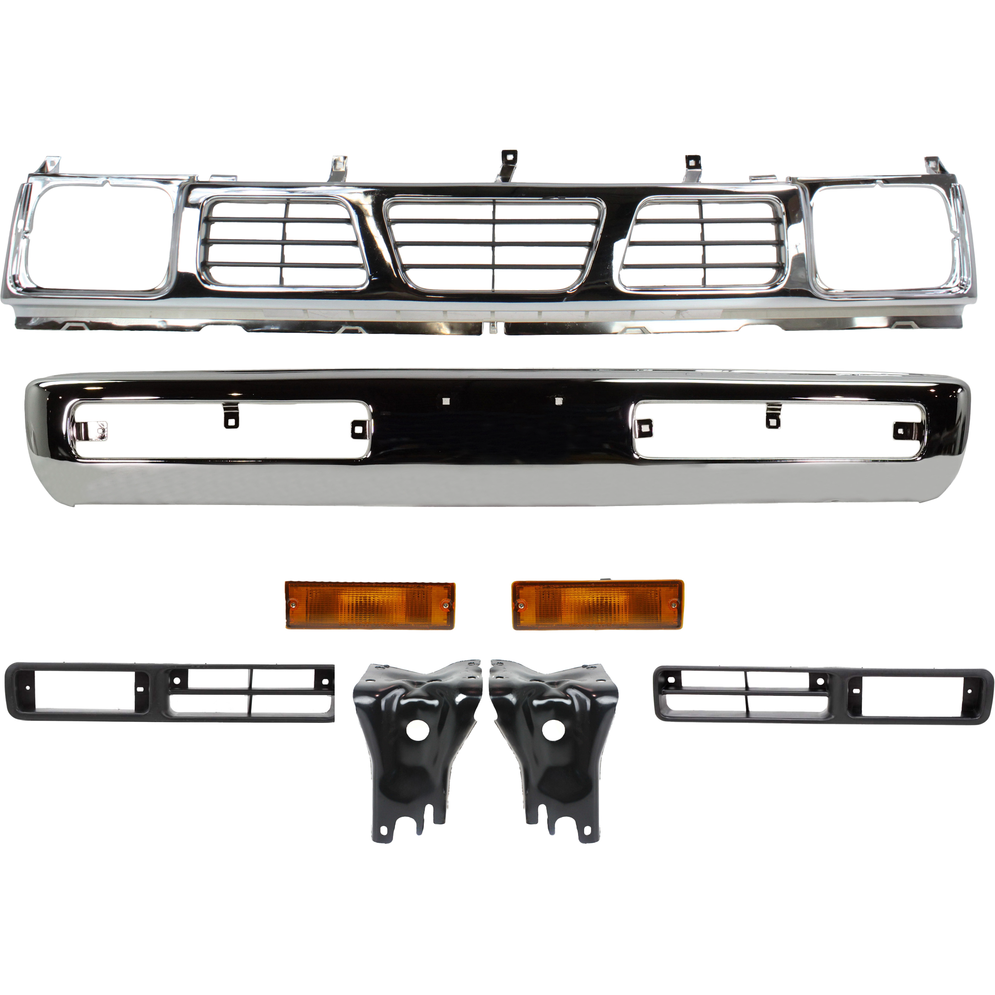 AM PICKUP 96-97 FRONT BUMPER 8 pc Kit with Bumper Grille Bumper Brackets Fog Light Trims and Turn Signal Lights SKU KIT 061417-46 Partslink NI1002127 NI1067104 NI1066104 NI1039101 NI1038101 NI1200116 NI2521108 NI2520108 OEM F20123B900-6221257G00-6221357G