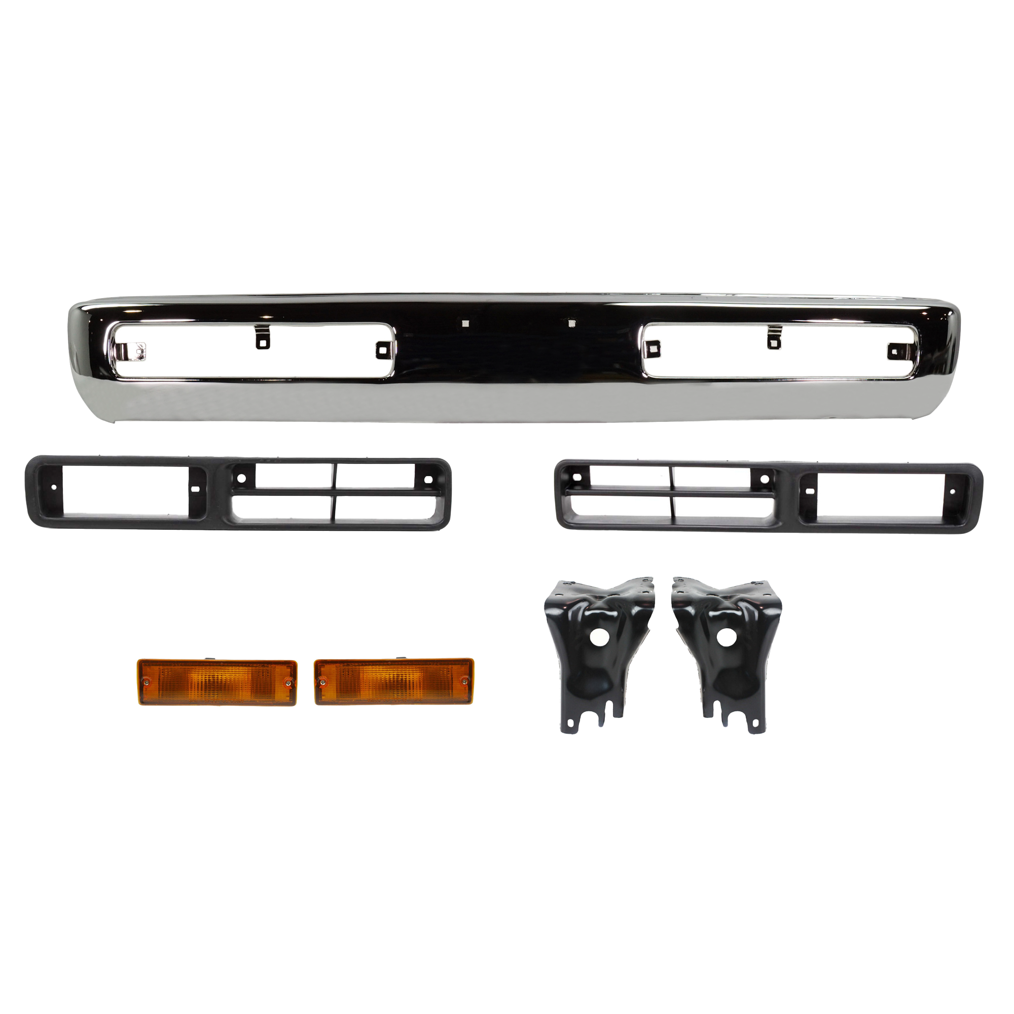 AM PICKUP 96-97 FRONT BUMPER 7 pc Kit with Bumper Bumper Brackets Fog Light Trims and Turn Signal Lights SKU KIT 061417-47 Partslink NI1002127 NI1067104 NI1066104 NI1039101 NI1038101 NI2521108 NI2520108 OEM F20123B900-6221257G00-6221357G