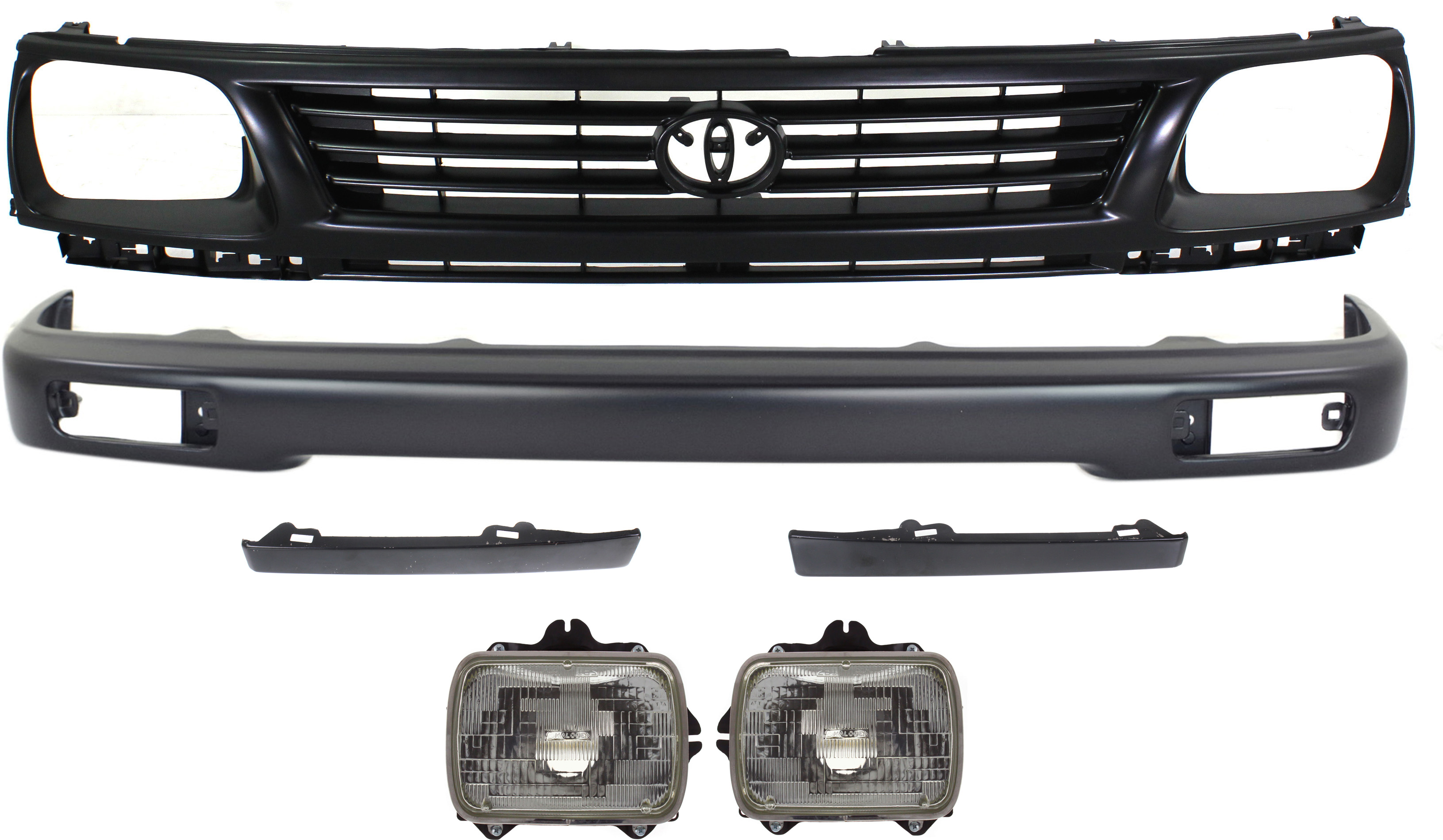 AM TACOMA 95-96 FRONT BUMPER 6 pc kit w Grille Headlight Fillers and Headlights SKU KIT 061417-57 Partslink TO1002153 TO1200194 TO2501117 TO2500113 TO1089101 TO1088101 OEM 5210104050-5310035290-81110891