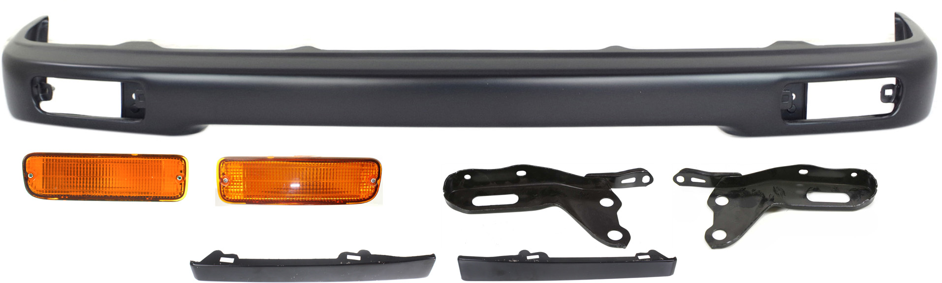 AM TACOMA 95-96 FRONT BUMPER 7 pc Kit with Bumper Bumper Brackets Headlight Fillers and Turn Signal Lights SKU KIT 061417-73 Partslink TO1002153 TO1067115 TO1066115 TO1089101 TO1088101 TO2531119 TO2530119 OEM 5210104050-52011AD010-52012AD0