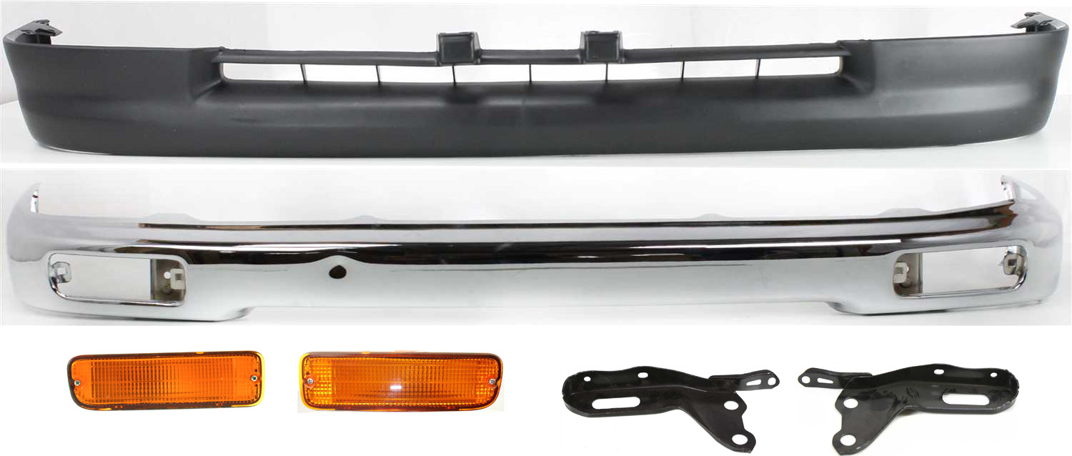 AM TACOMA 95-97 FRONT BUMPER 6 pc Kit with Bumper Lower Panel Bumper Brackets and Turn Signal Lights SKU KIT 061417-77 Partslink TO1002154 TO1067115 TO1066115 TO2531119 TO2530119 TO1095169 OEM 5210104060-52011AD010-52012AD0