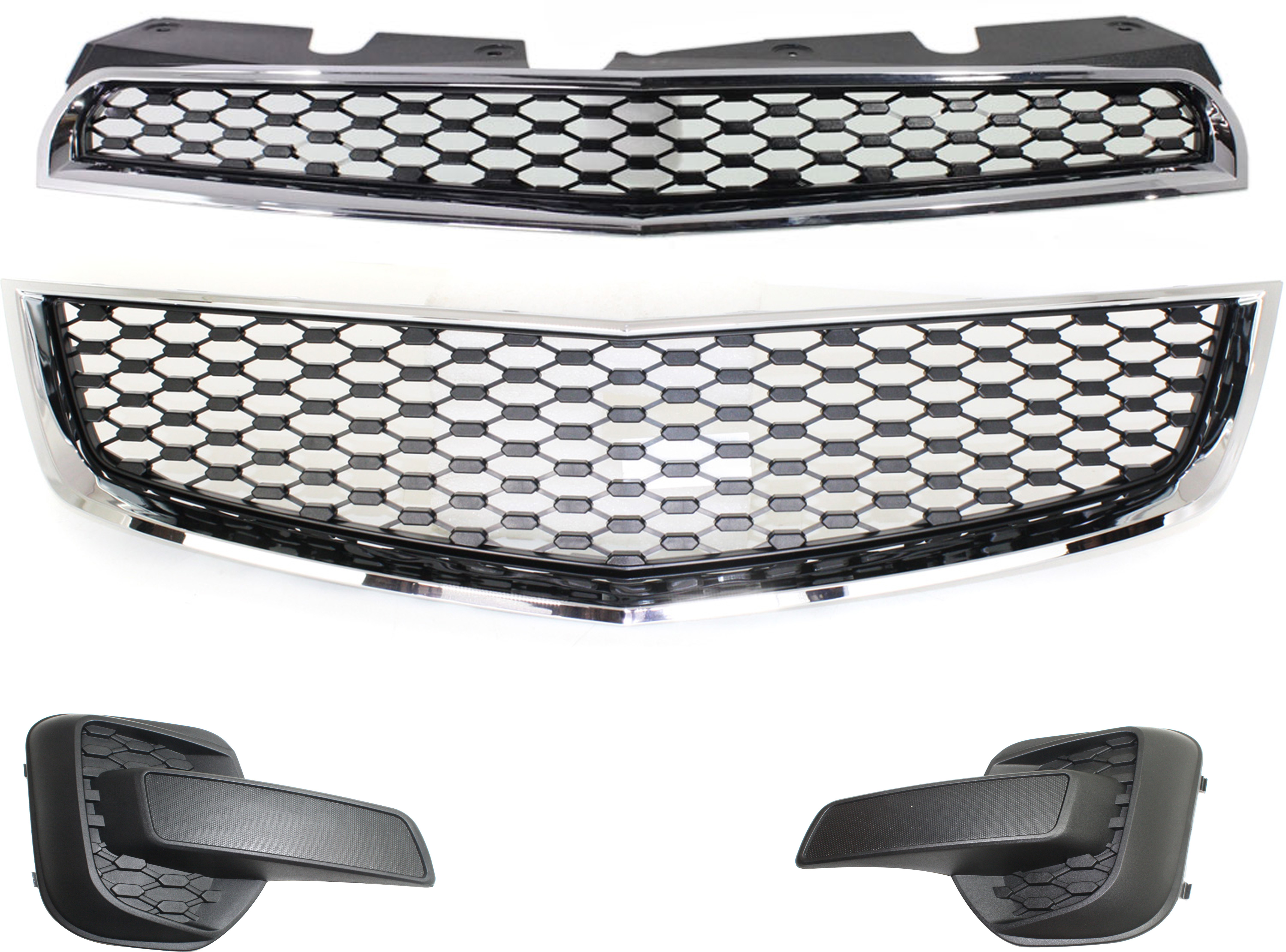 AM EQUINOX 10-15 FRONT BUMPER GRILLE 4 pc Kit Chrome Shell w Black Insert with Grille and Fog Light Covers SKU KIT 061417-81 Partslink GM1200621 GM1039128 GM1038128 GM1200622 OEM 25798747-25798750-25798751-257